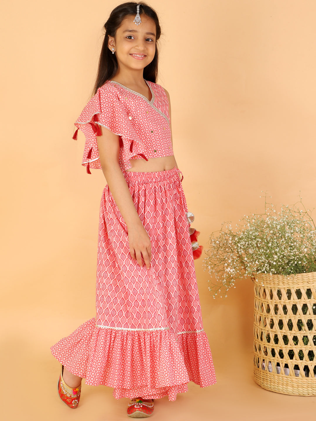 Lil Drama Girls Printed One Shoulder Crop Top With Flared Skirt Set, Pink