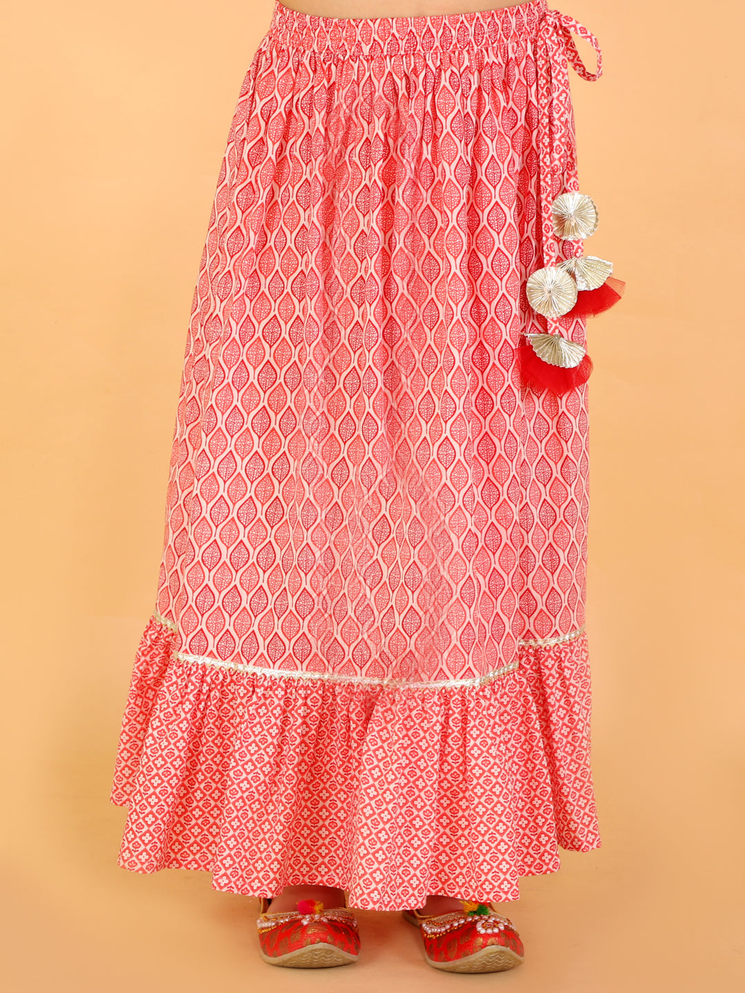 Lil Drama Girls Printed One Shoulder Crop Top With Flared Skirt Set, Pink