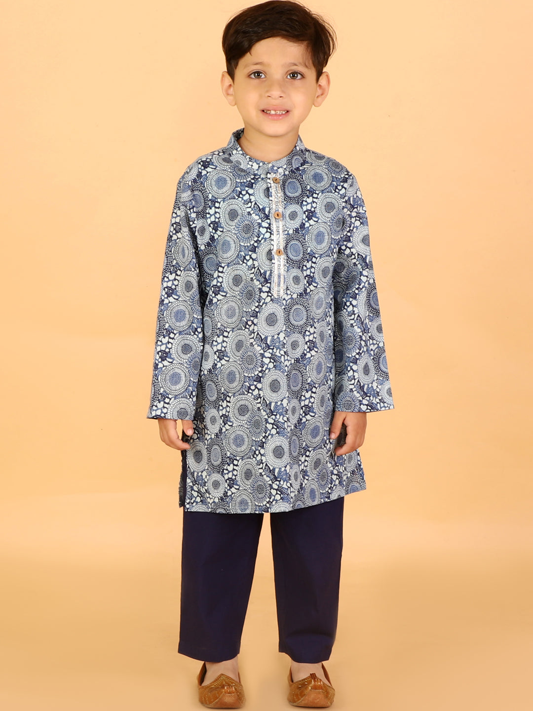 Lil Drama Boys Geometric Print Kurta With Pajama Set, Blue And White