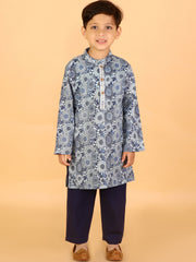 Lil Drama Boys Geometric Print Kurta With Pajama Set, Blue And White
