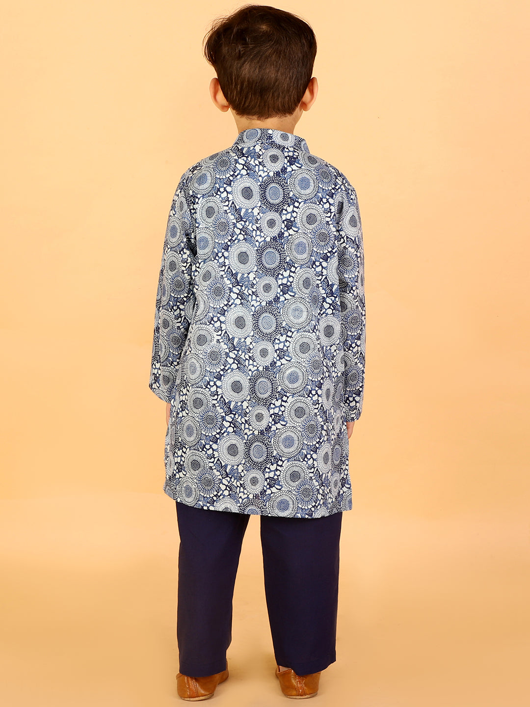 Lil Drama Boys Geometric Print Kurta With Pajama Set, Blue And White
