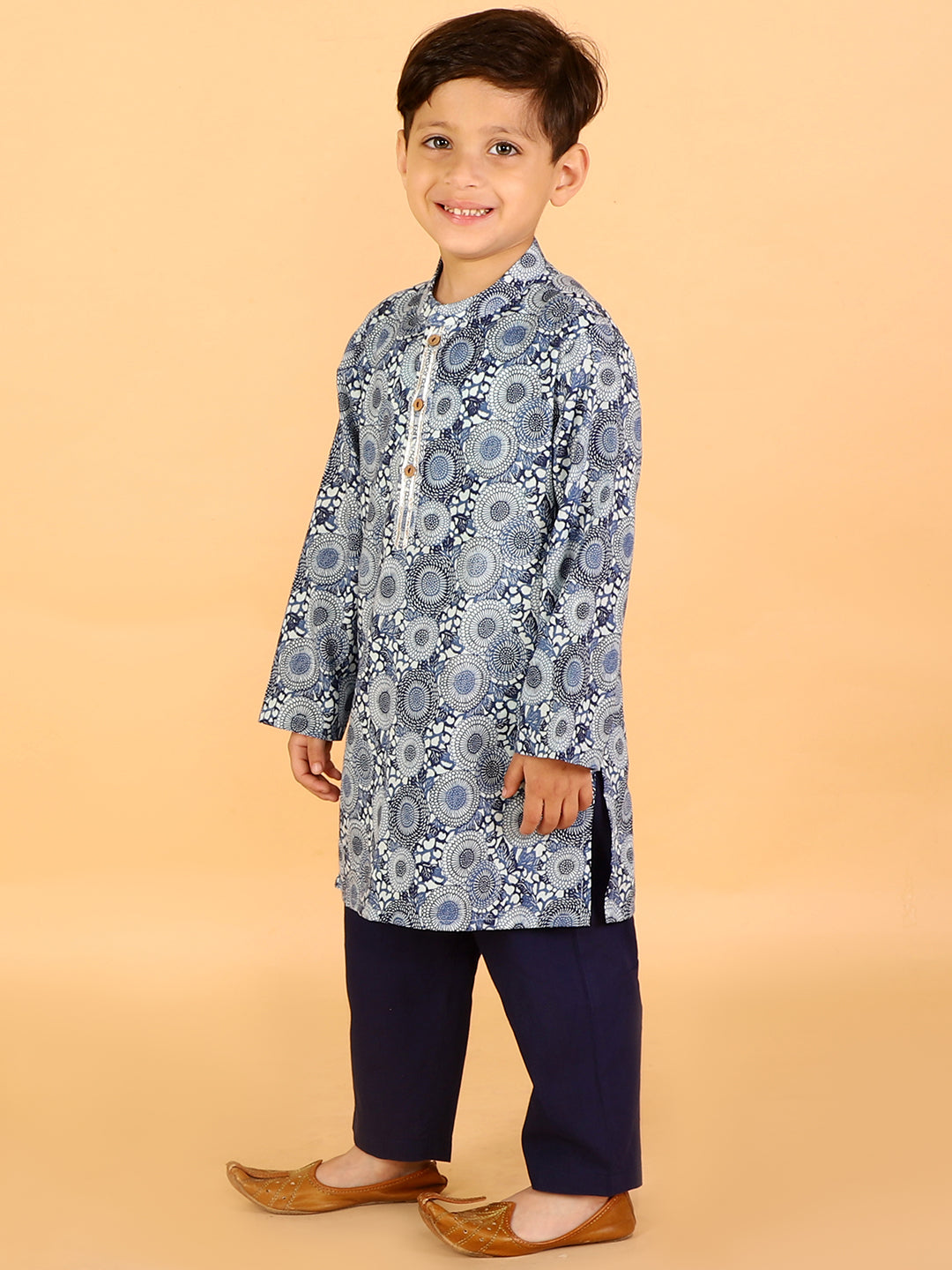 Lil Drama Boys Geometric Print Kurta With Pajama Set, Blue And White