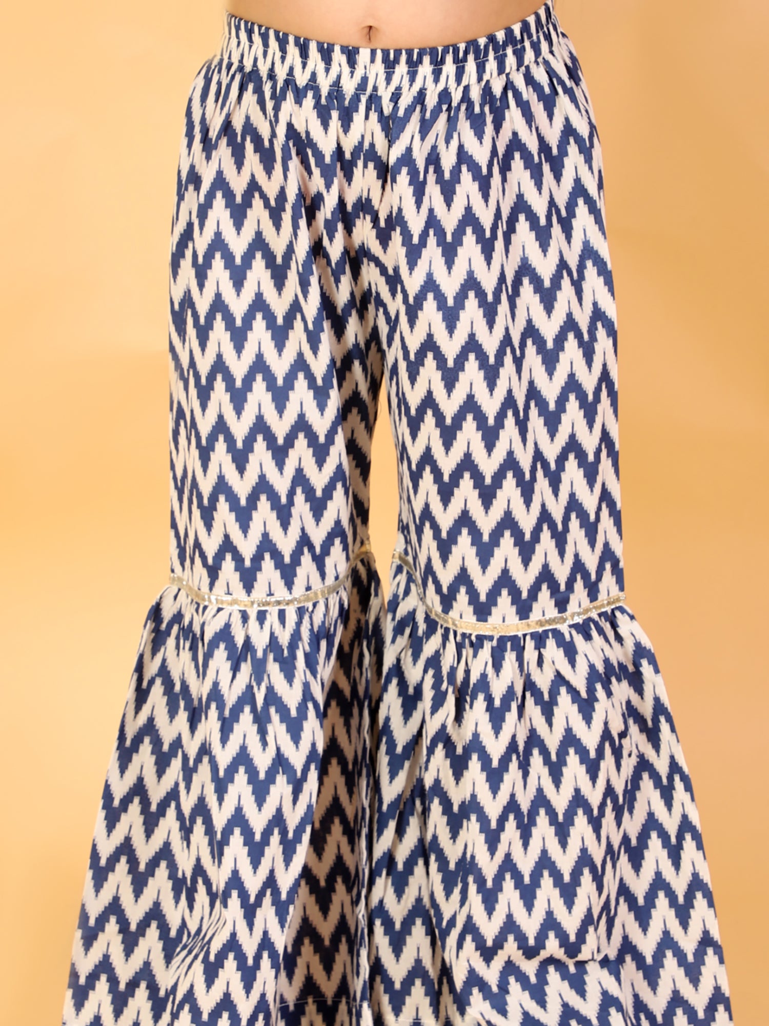 Lil Drama Girls Printed Cold Shoulder Top With Flared Palazzo Pants Co-Ord Set, White And Blue