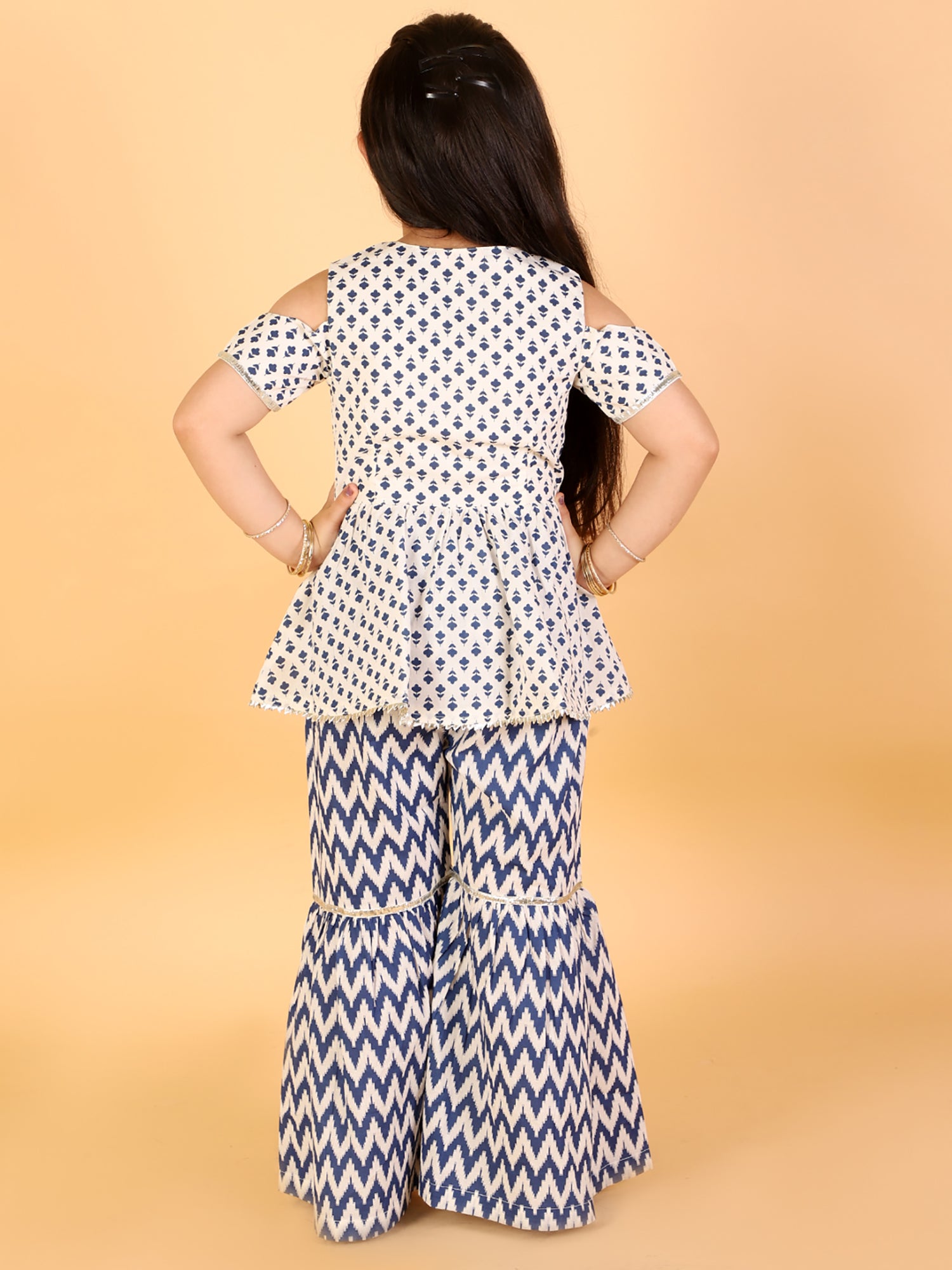 Lil Drama Girls Printed Cold Shoulder Top With Flared Palazzo Pants Co-Ord Set, White And Blue