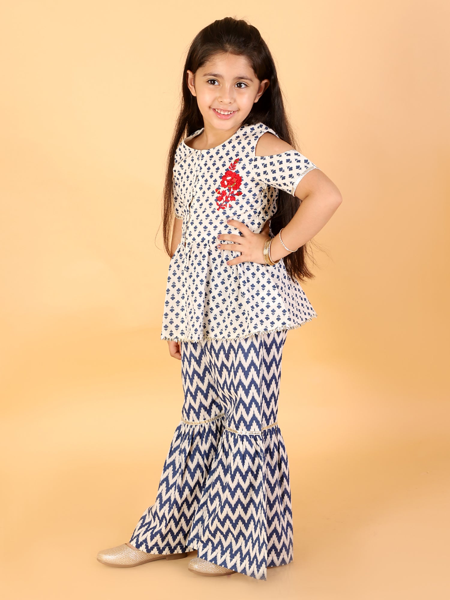 Lil Drama Girls Printed Cold Shoulder Top With Flared Palazzo Pants Co-Ord Set, White And Blue