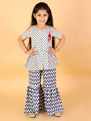 Lil Drama Girls Printed Cold Shoulder Top With Flared Palazzo Pants Co-Ord Set, White And Blue