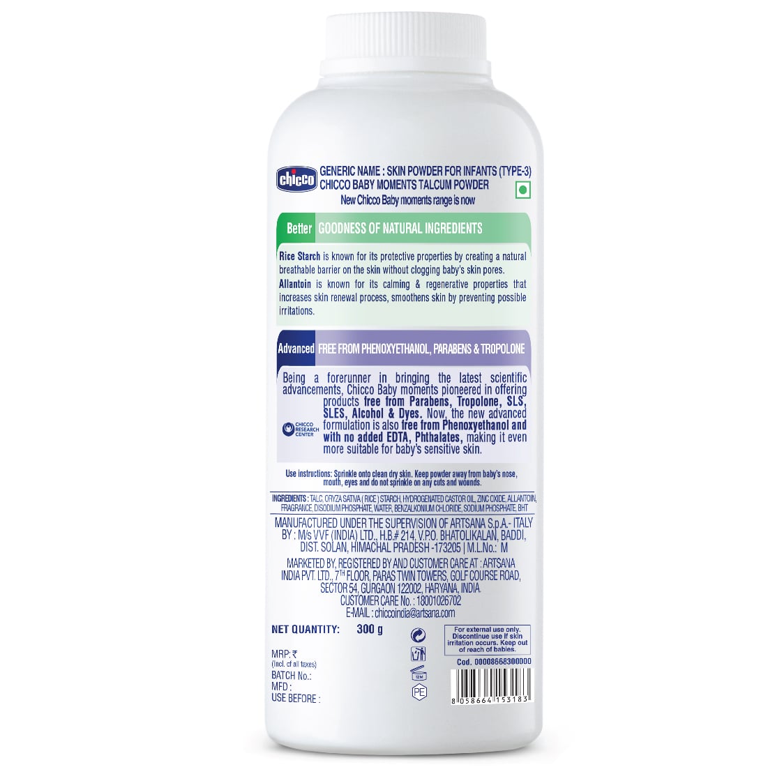 Chicco Baby Moments Talcum Powder with Rice Starch and Allantoin Gentle Baby Skin Care
