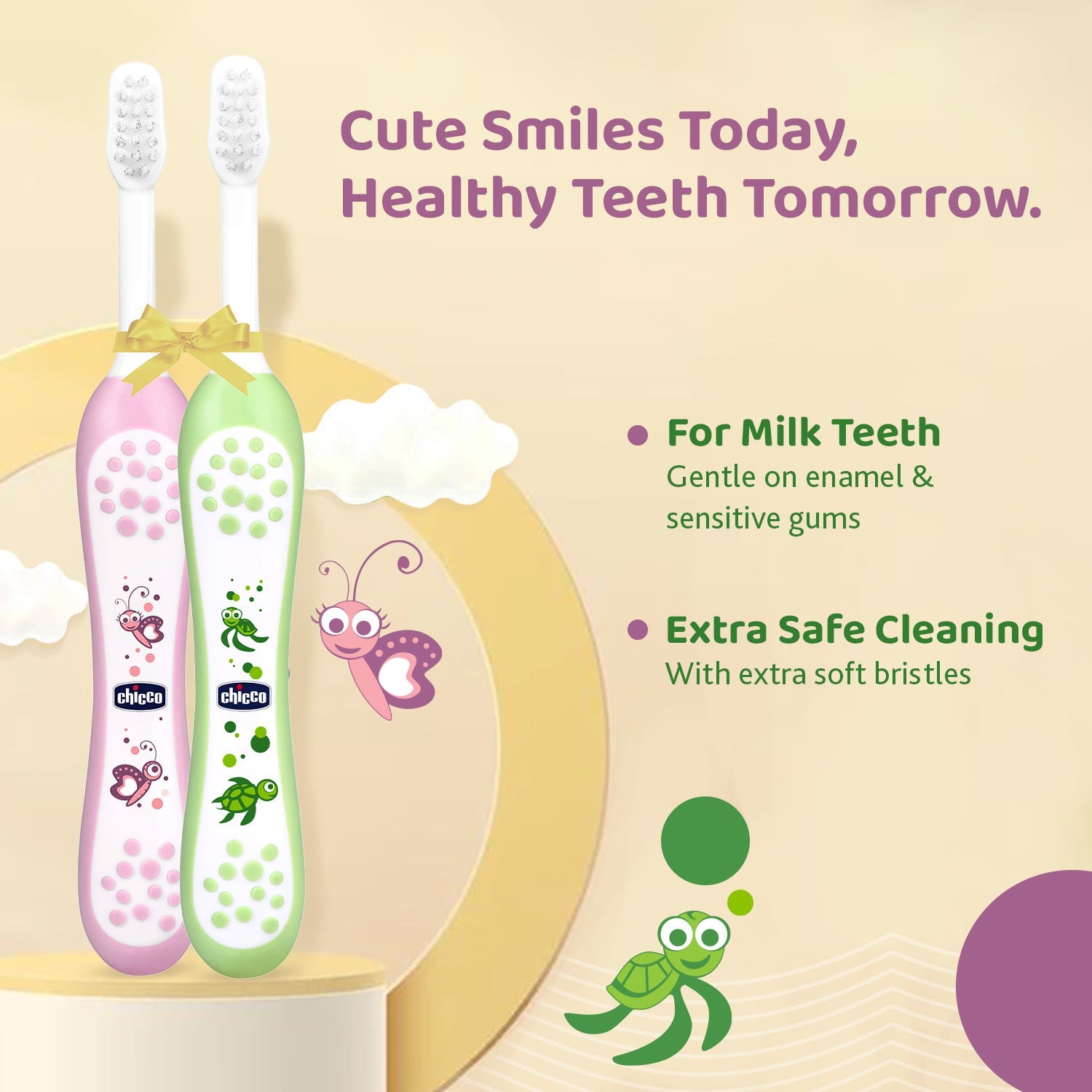Chicco Baby Toothbrushes Pink and Green Pack of 2 Soft Bristles Oral Care Essentials