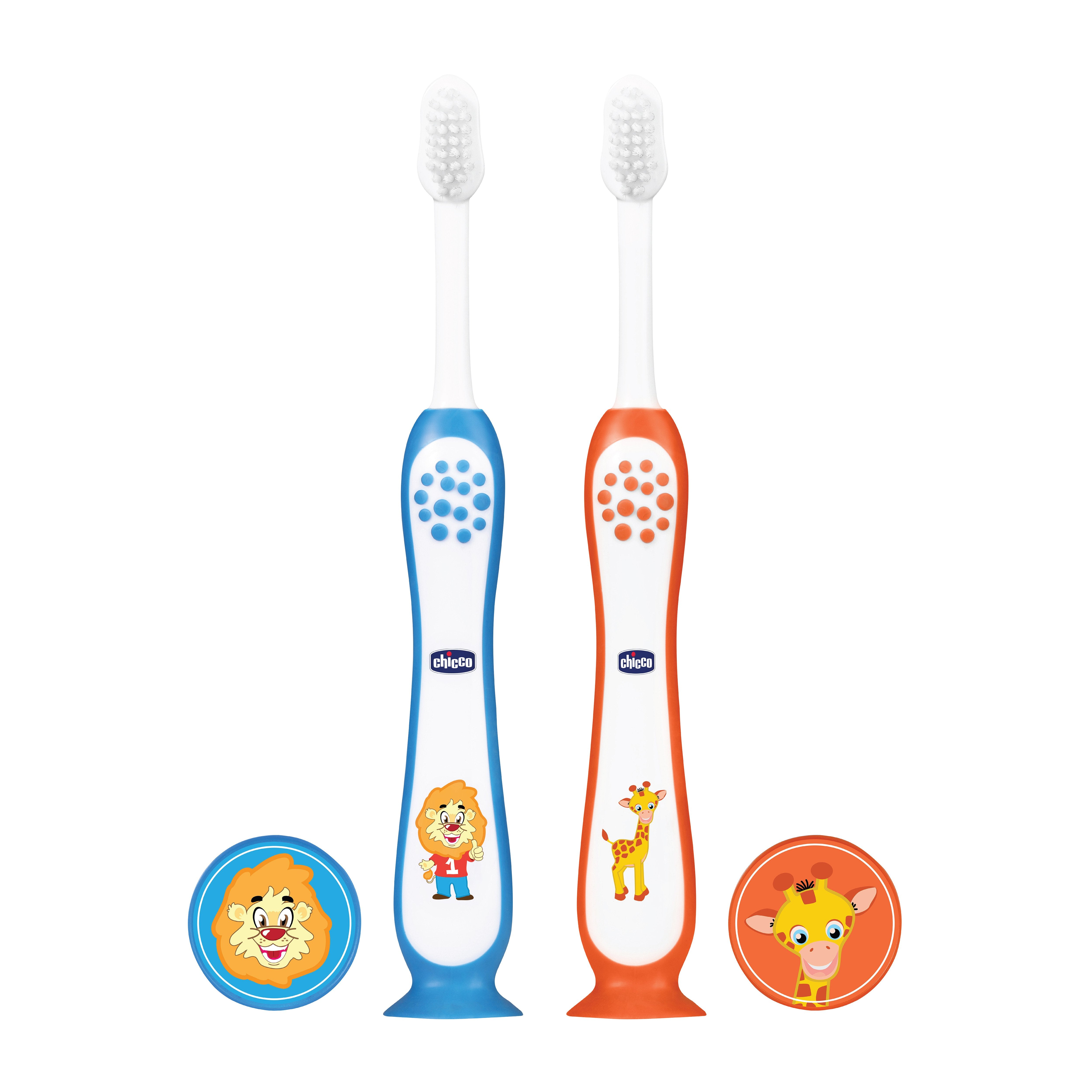 Chicco Kids Toothbrushes Blue and Orange Pack of 2 with Protective Caps Soft Bristles Oral Care Essentials
