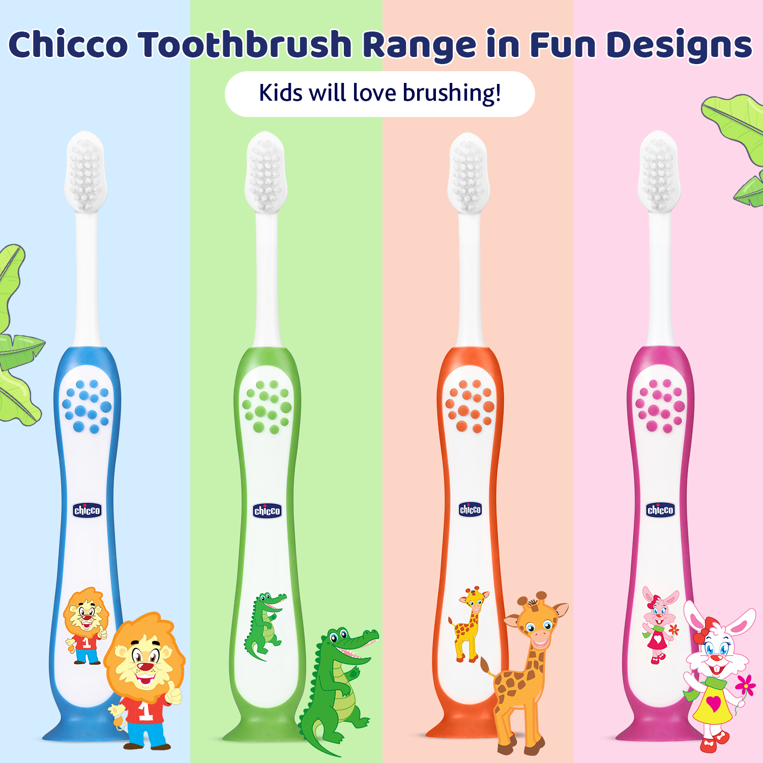 Chicco Kids Toothbrushes Blue and Orange Pack of 2 with Protective Caps Soft Bristles Oral Care Essentials