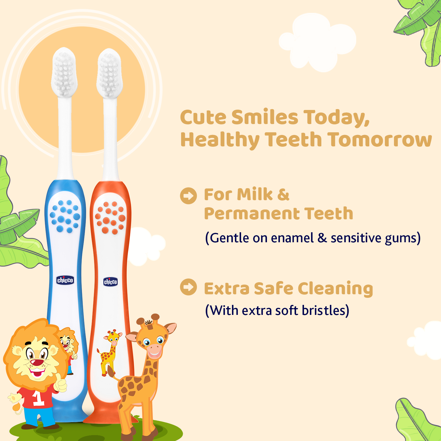 Chicco Kids Toothbrushes Blue and Orange Pack of 2 with Protective Caps Soft Bristles Oral Care Essentials