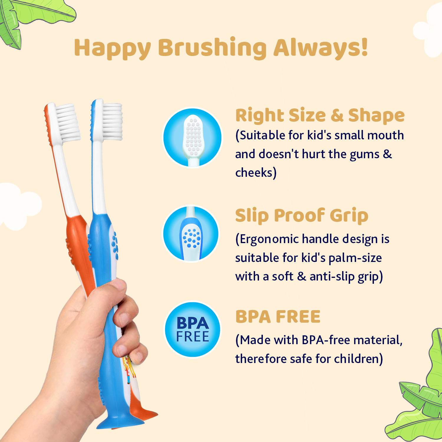 Chicco Kids Toothbrushes Blue and Orange Pack of 2 with Protective Caps Soft Bristles Oral Care Essentials