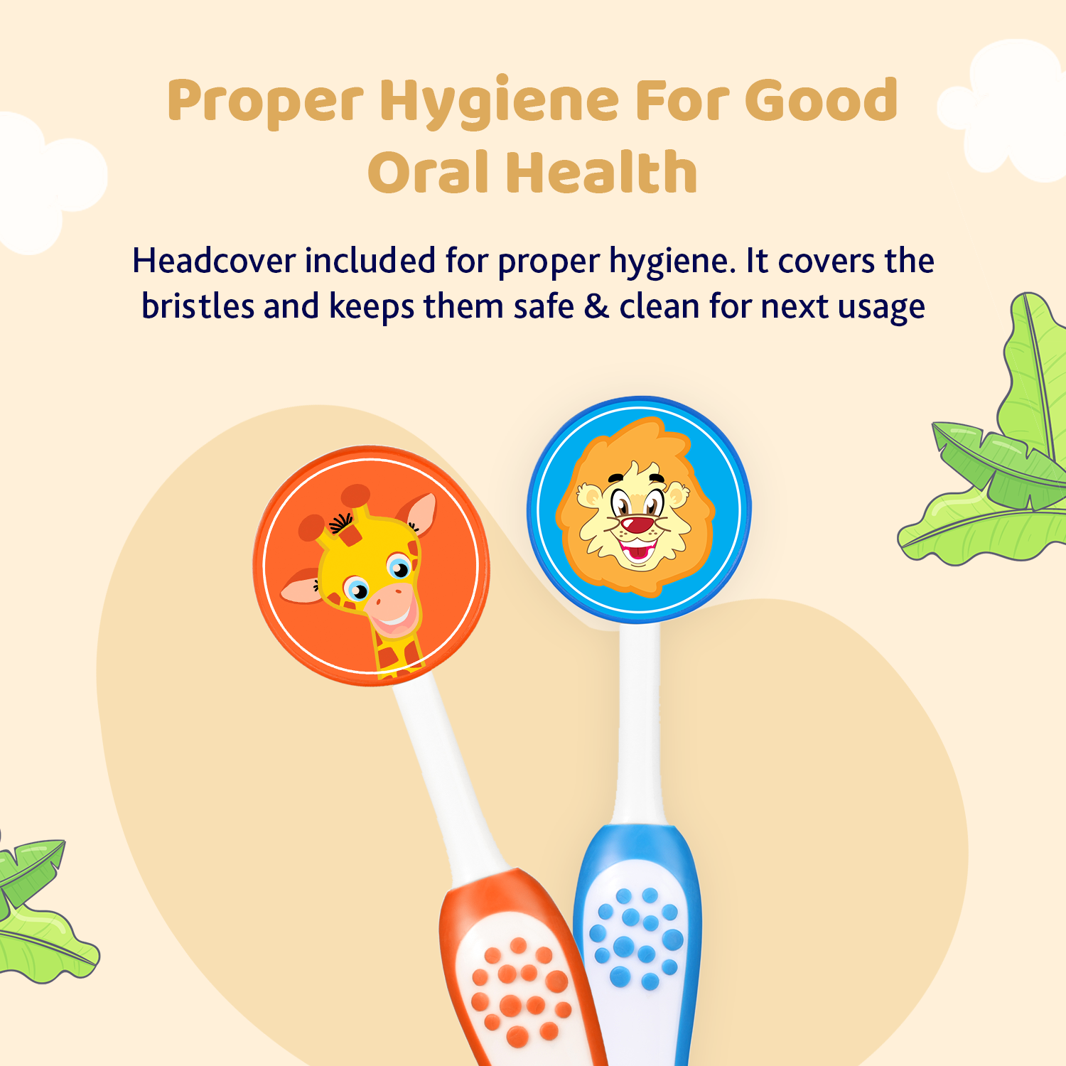 Chicco Kids Toothbrushes Blue and Orange Pack of 2 with Protective Caps Soft Bristles Oral Care Essentials