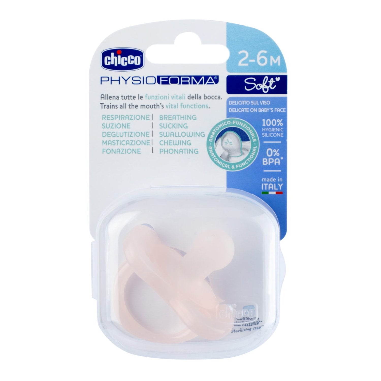 Chicco Baby Peach Silicone PhysioForma Soft Pacifier with Sterilising Case 2-6 Months