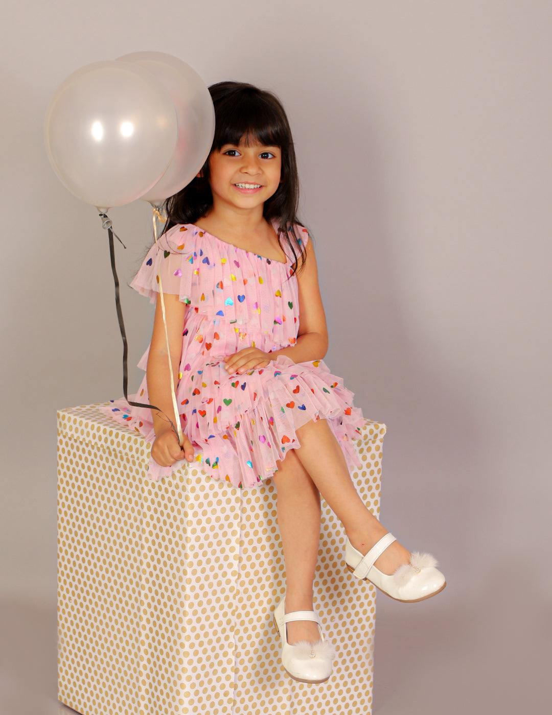 Lil Drama Girls Heart Print Layered One Shoulder Dress, Pink