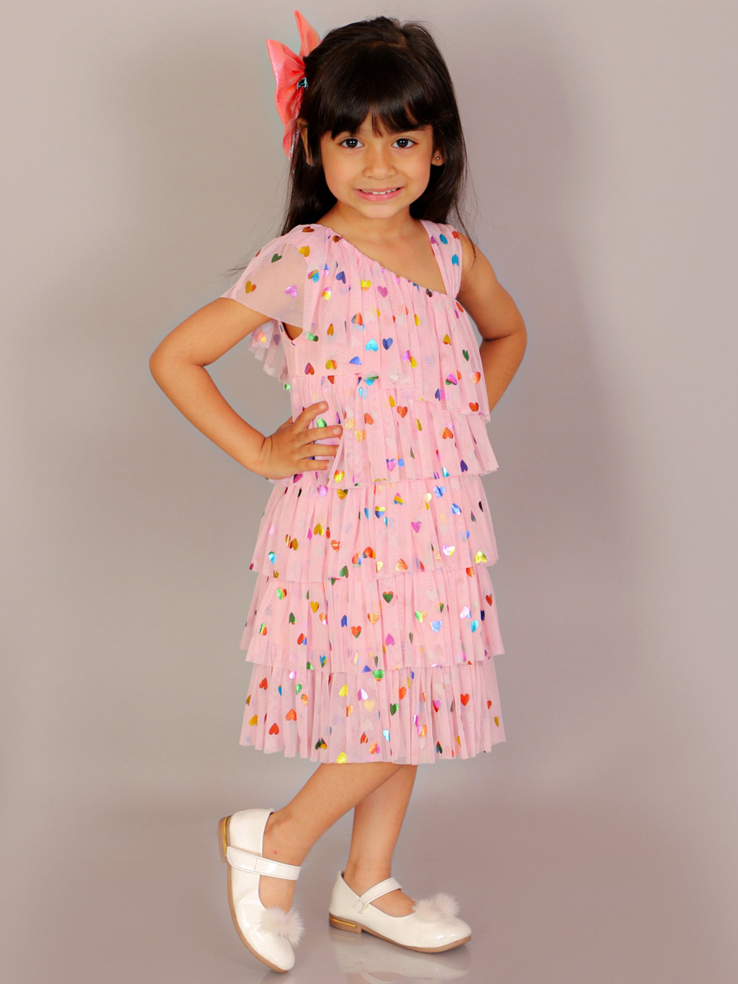Lil Drama Girls Heart Print Layered One Shoulder Dress, Pink