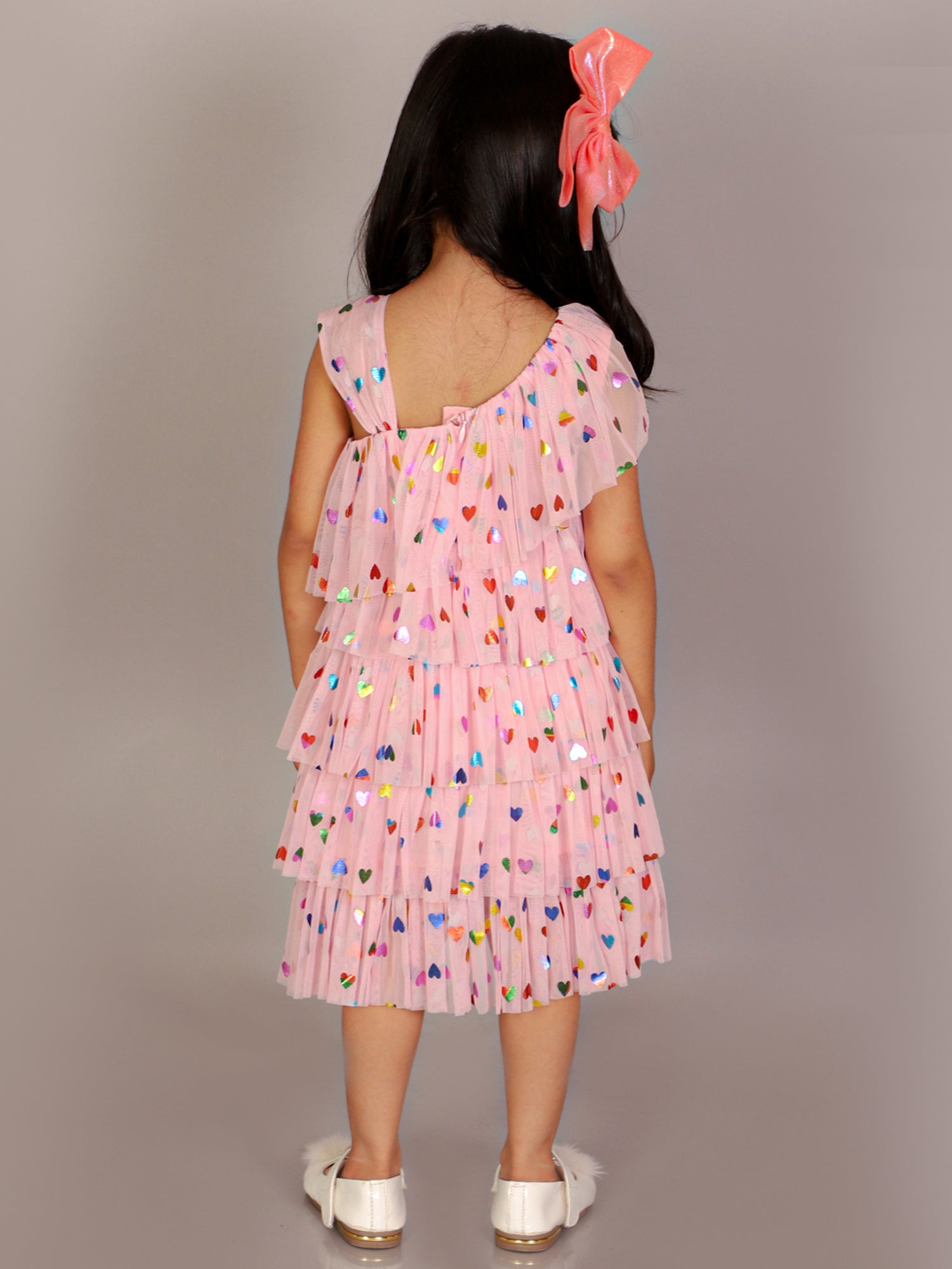 Lil Drama Girls Heart Print Layered One Shoulder Dress, Pink