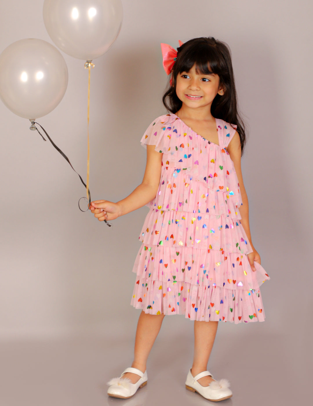 Lil Drama Girls Heart Print Layered One Shoulder Dress, Pink