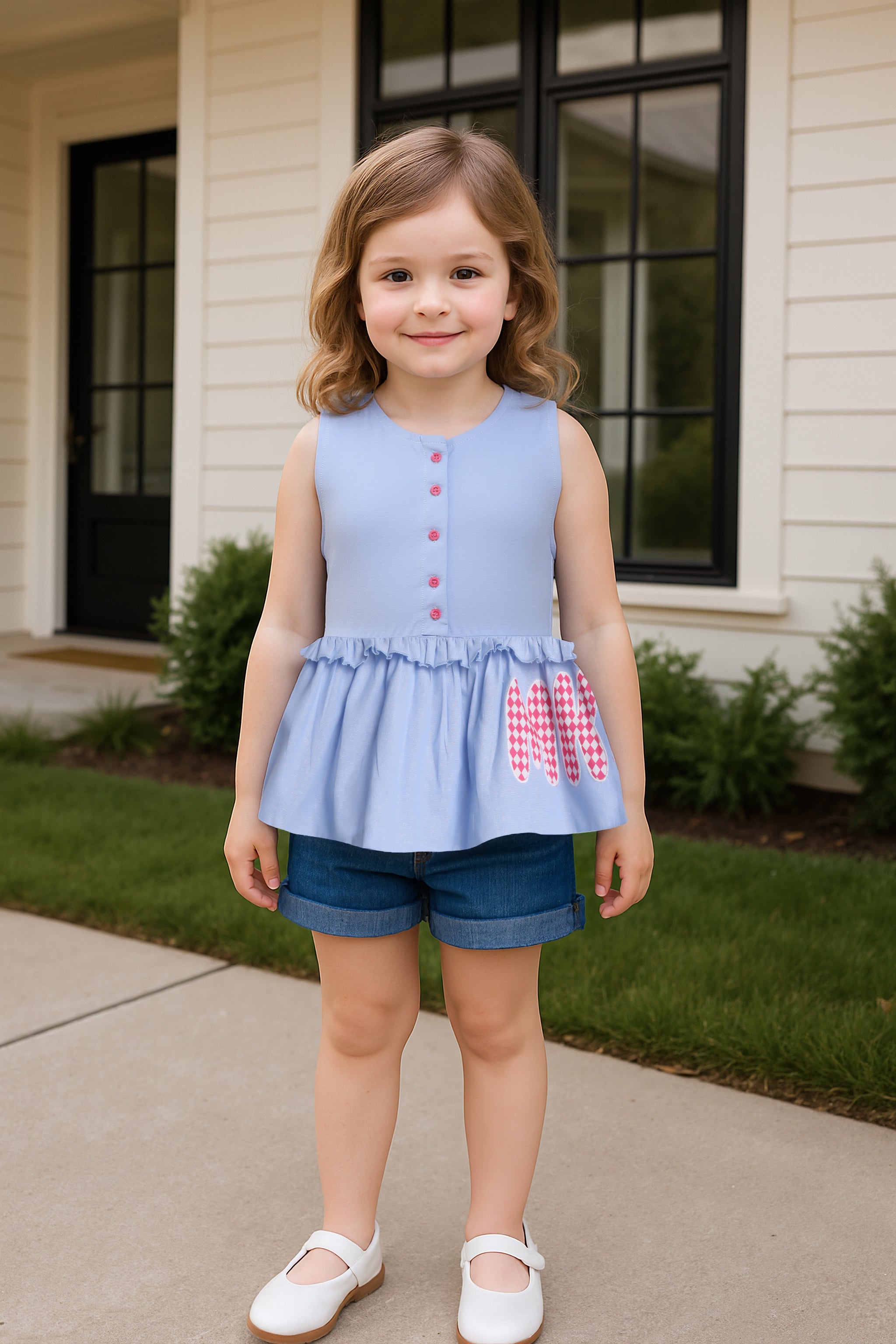 Girls Light Wash Sleeve Less Woven Top