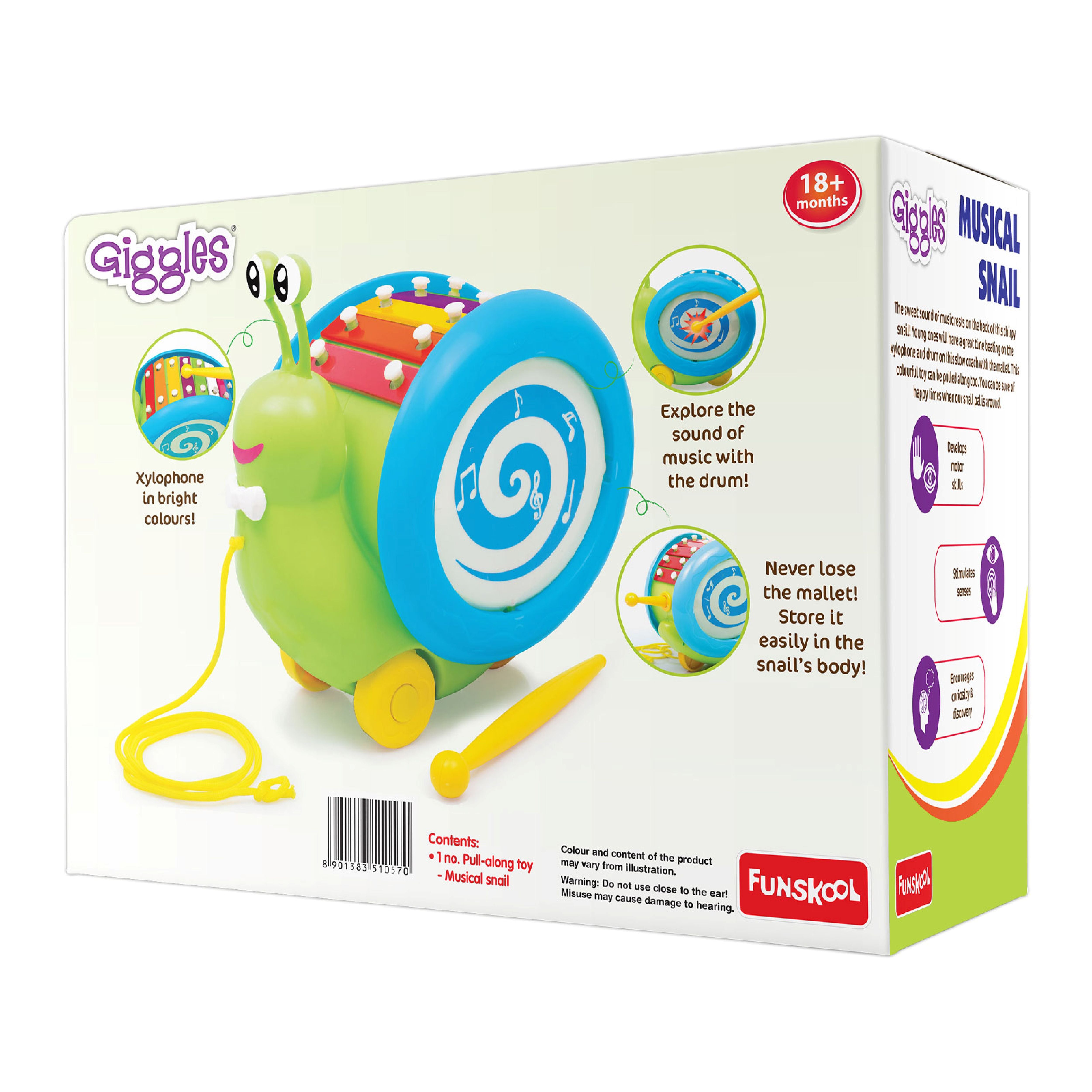 Giggles Musical Snail Pull Along Xylophone Toy with Drum and Mallet for Toddlers