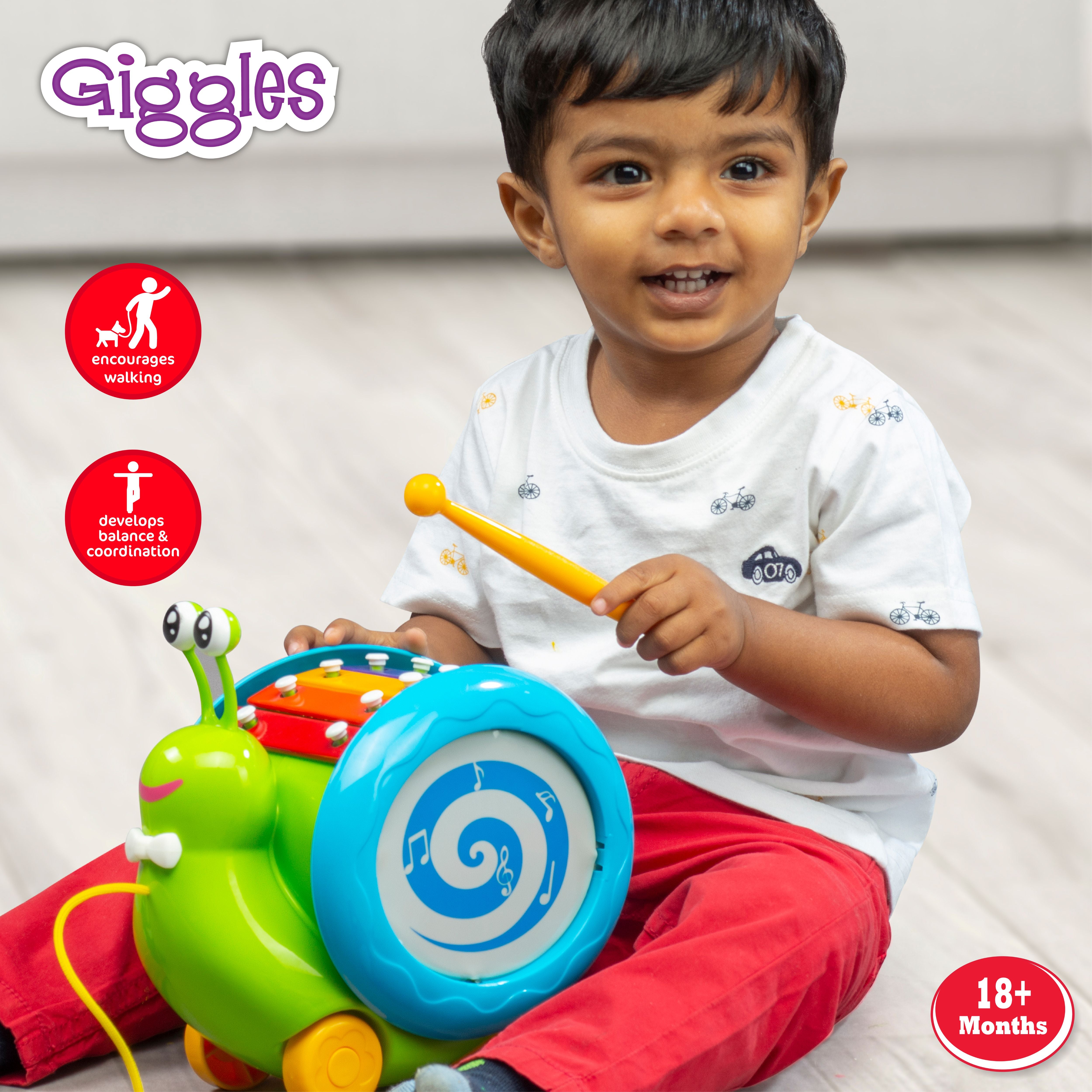 Giggles Musical Snail Pull Along Xylophone Toy with Drum and Mallet for Toddlers
