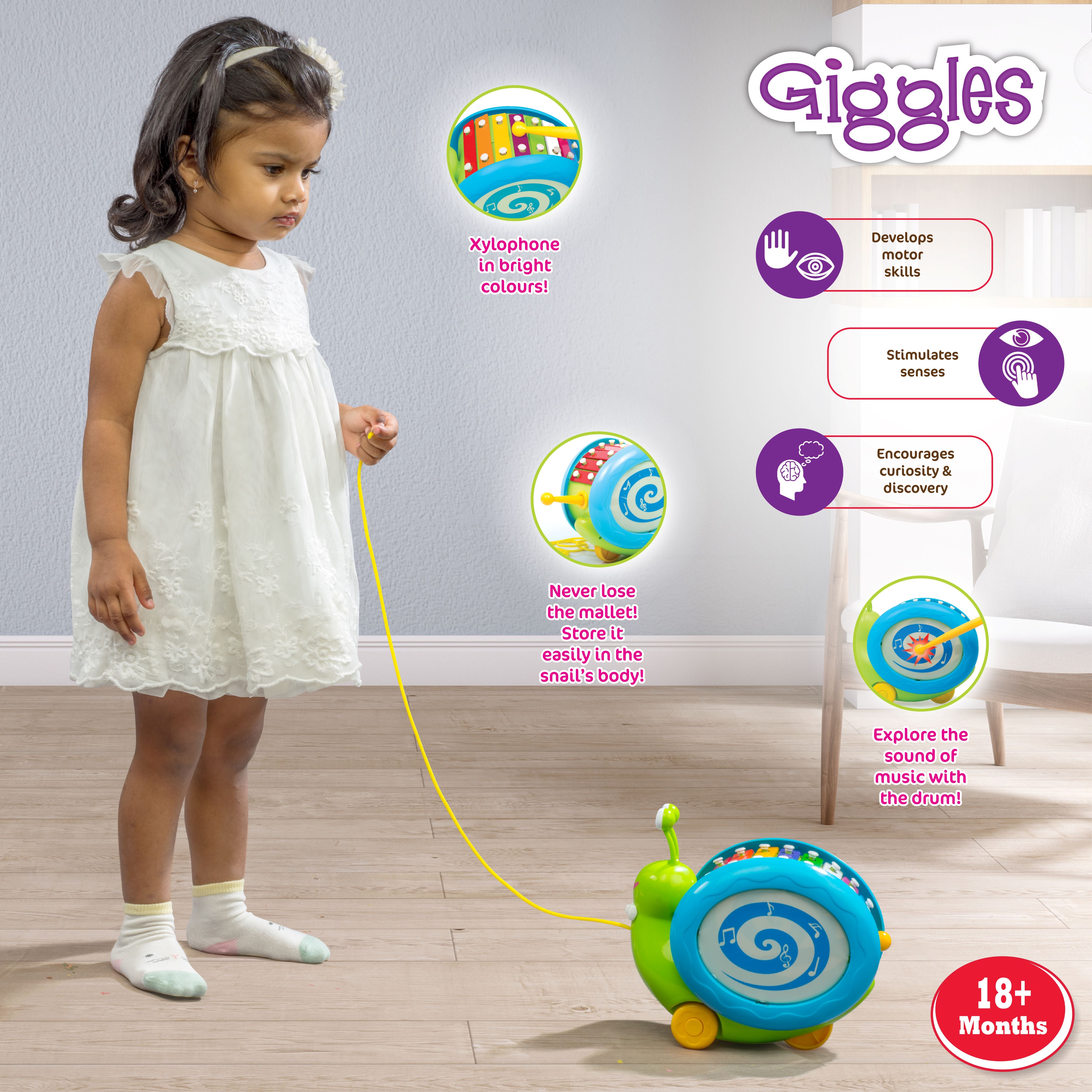 Giggles Musical Snail Pull Along Xylophone Toy with Drum and Mallet for Toddlers