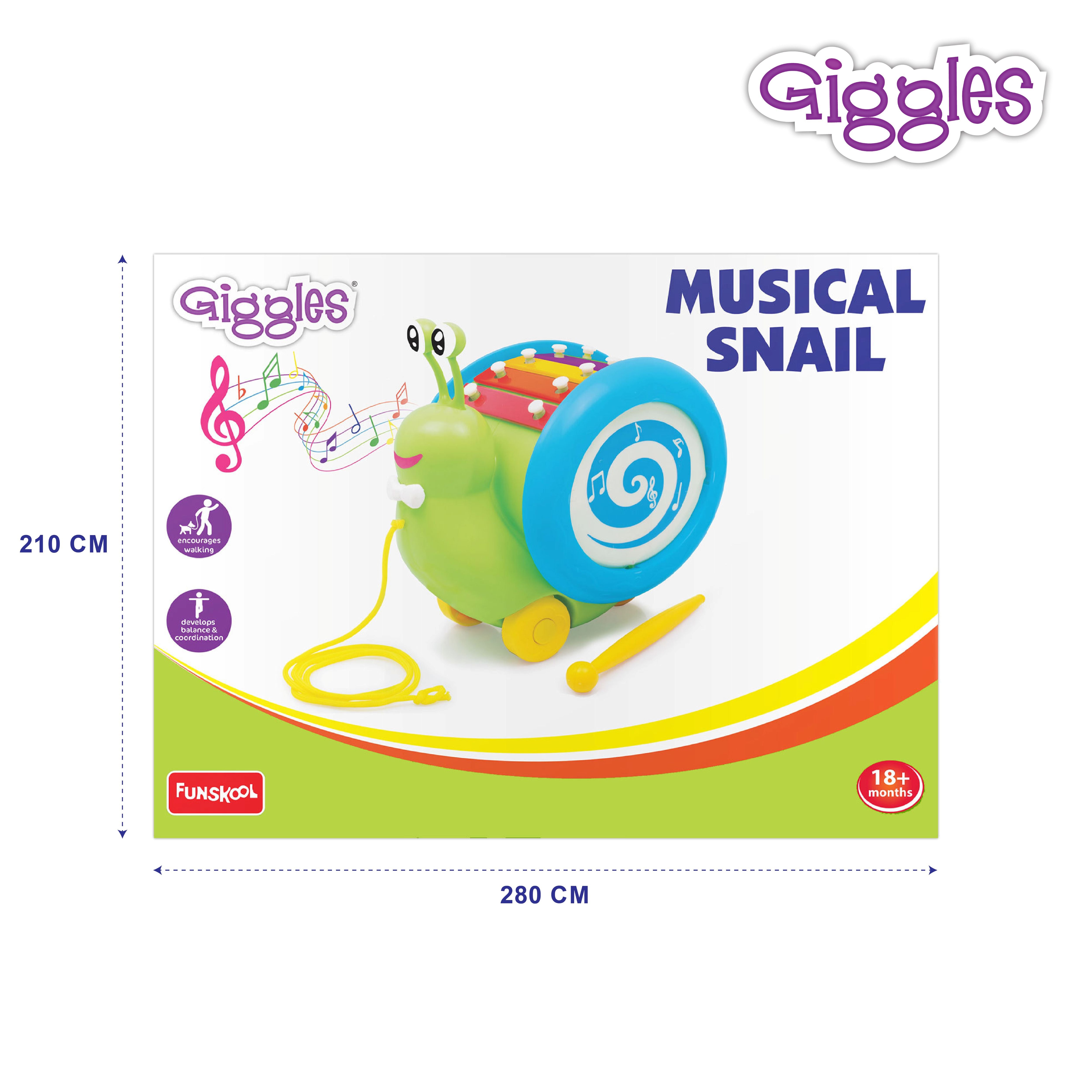Giggles Musical Snail Pull Along Xylophone Toy with Drum and Mallet for Toddlers