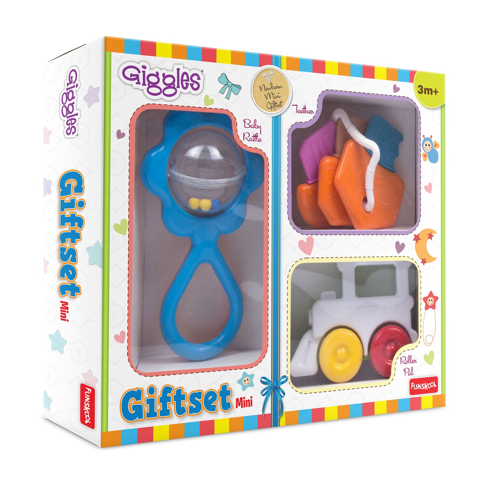 Giggles Giftset Mini Baby Rattle, Teether and Roller Toy Gift Set for Infants