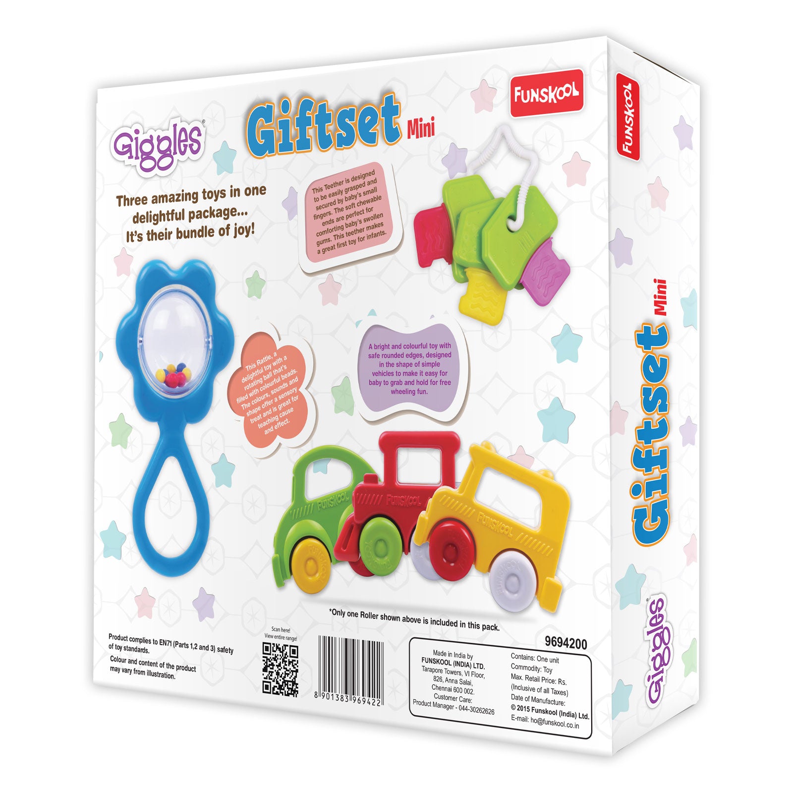 Giggles Giftset Mini Baby Rattle, Teether and Roller Toy Gift Set for Infants