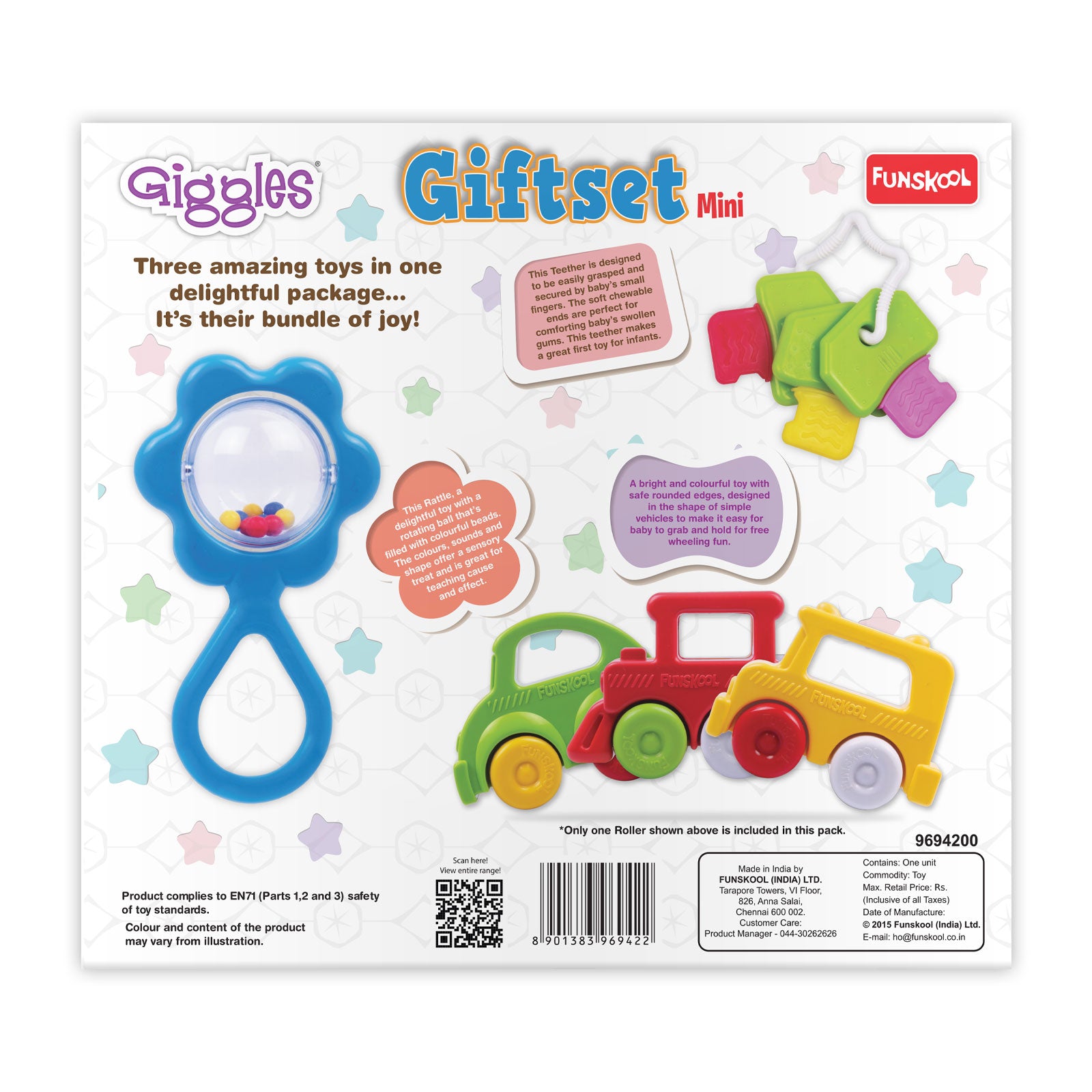 Giggles Giftset Mini Baby Rattle, Teether and Roller Toy Gift Set for Infants