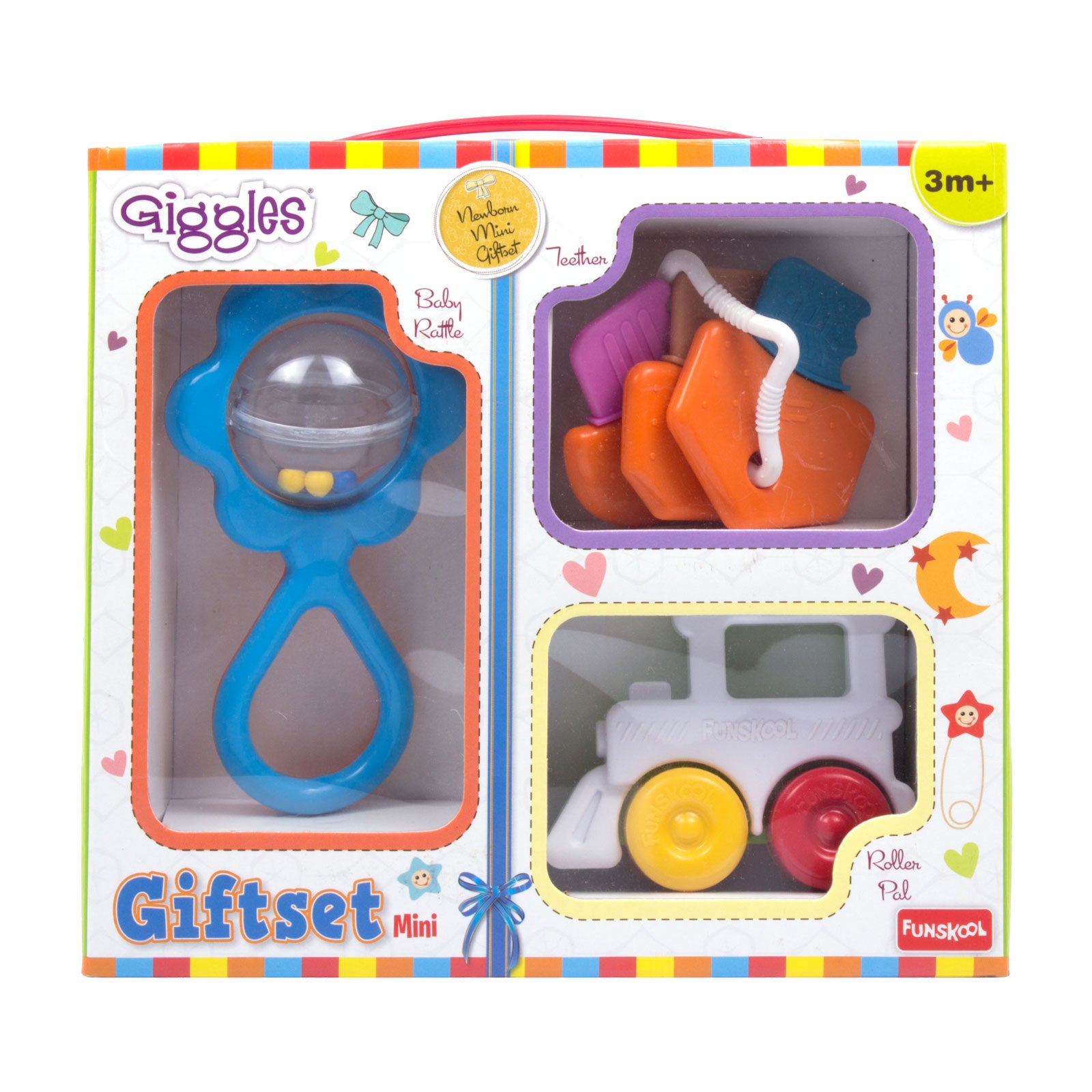 Giggles Giftset Mini Baby Rattle, Teether and Roller Toy Gift Set for Infants