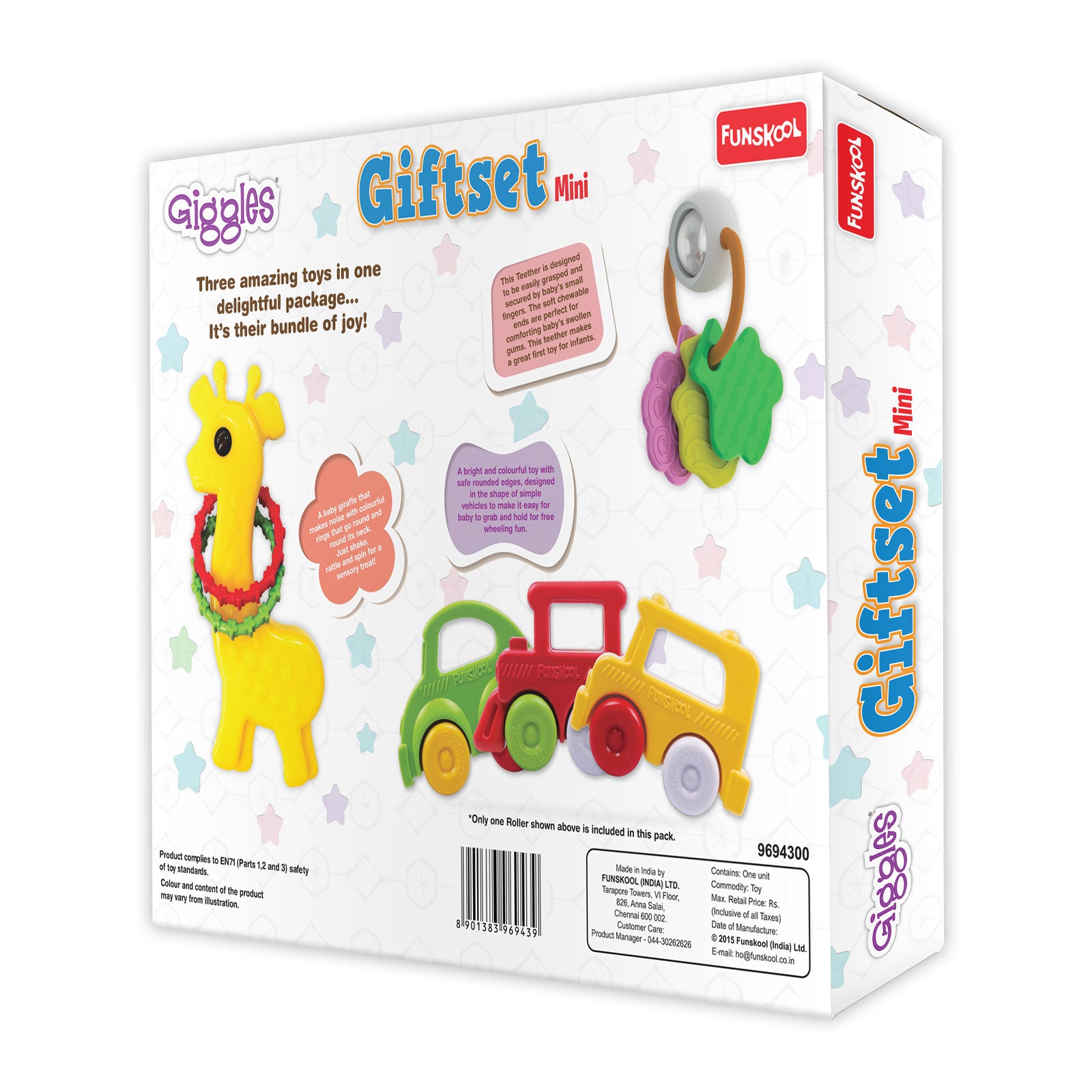 Giggles Mini Gift Set Baby Rattle, Teether & Roller Toy Combo for Infants