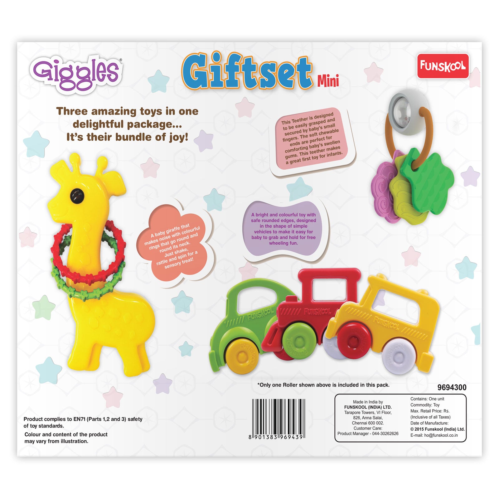 Giggles Mini Gift Set Baby Rattle, Teether & Roller Toy Combo for Infants