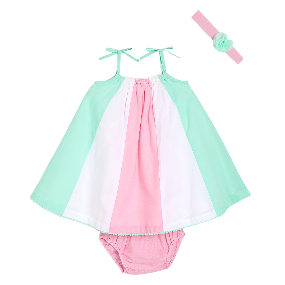 Baby Girls Color block Dress with headband & Bloomer - White & Pink