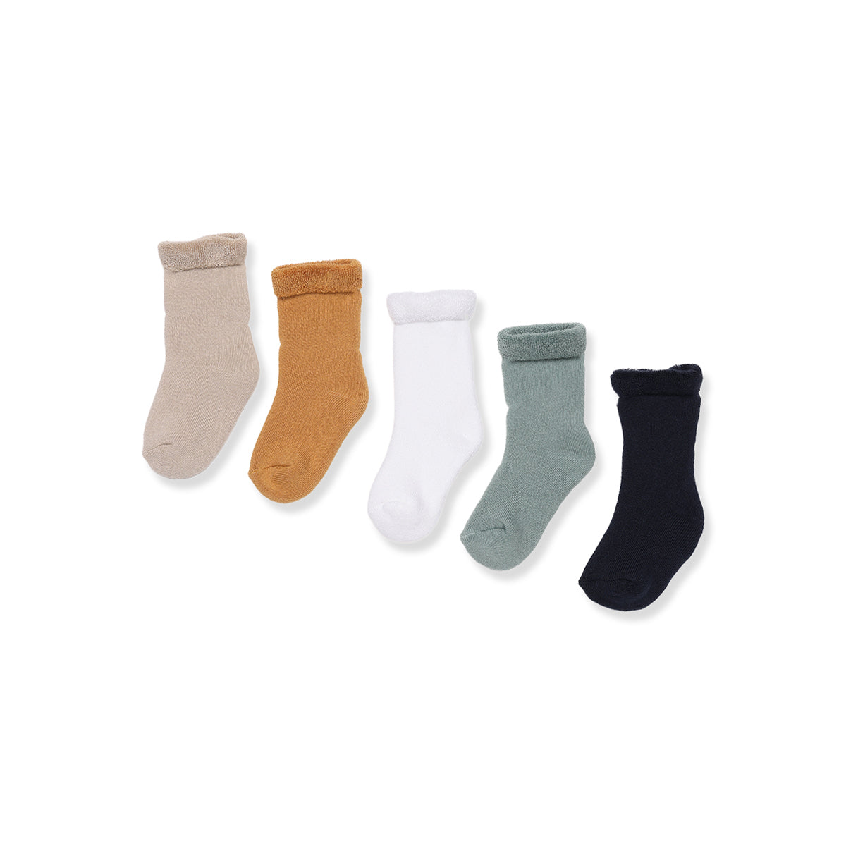Baby Boys Beige Mustard White Sage Green And Navy Blue Cotton Blend Solid Socks Pack Of 5 Casual Wear