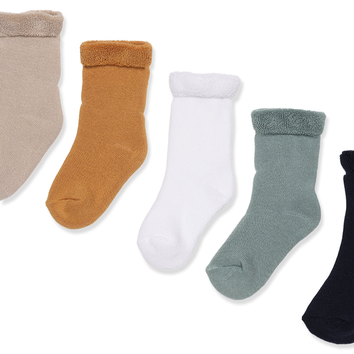 Baby Boys Beige Mustard White Sage Green And Navy Blue Cotton Blend Solid Socks Pack Of 5 Casual Wear