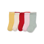 Baby Girls Yellow Off-White Red Pink And Sage Green Cotton Blend Solid Socks Pack Of 5 Casual Wear