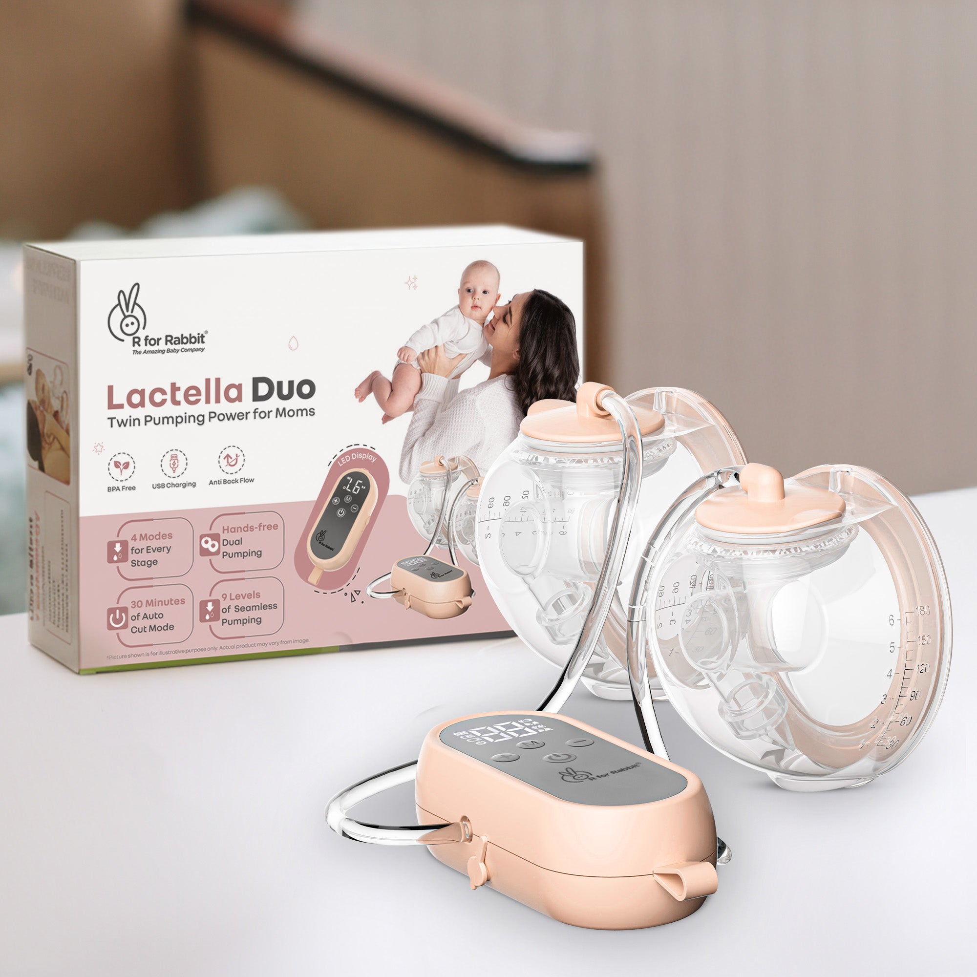 R for Rabbit Lactella Duo Wearable Hands-Free Double Electric Breast Pump with LED Display & Rechargeable Battery - Beige