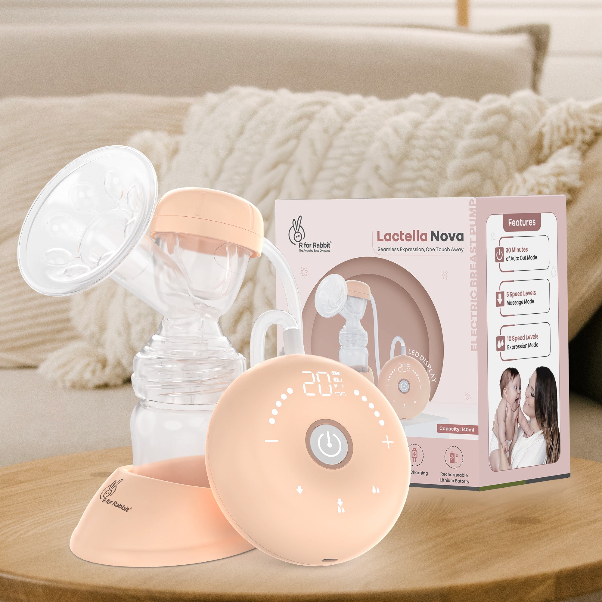 R for Rabbit Lactella Nova Electric Breast Pump with LED Display, Rechargeable Battery & Soft Petal Shield - Beige