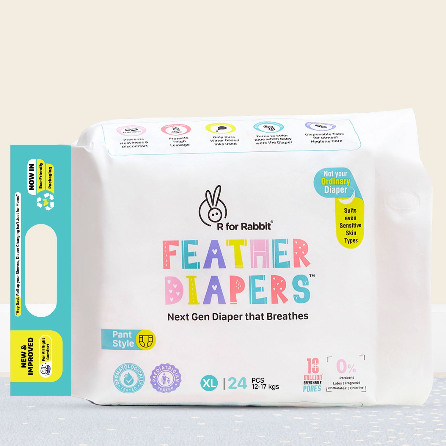 R for Rabbit Feather Diapers Pant Style Extra Large Size Baby Diapers with 12 Hours Absorption, Wetness Indicator & Chemical Free Protection - 24 Pieces