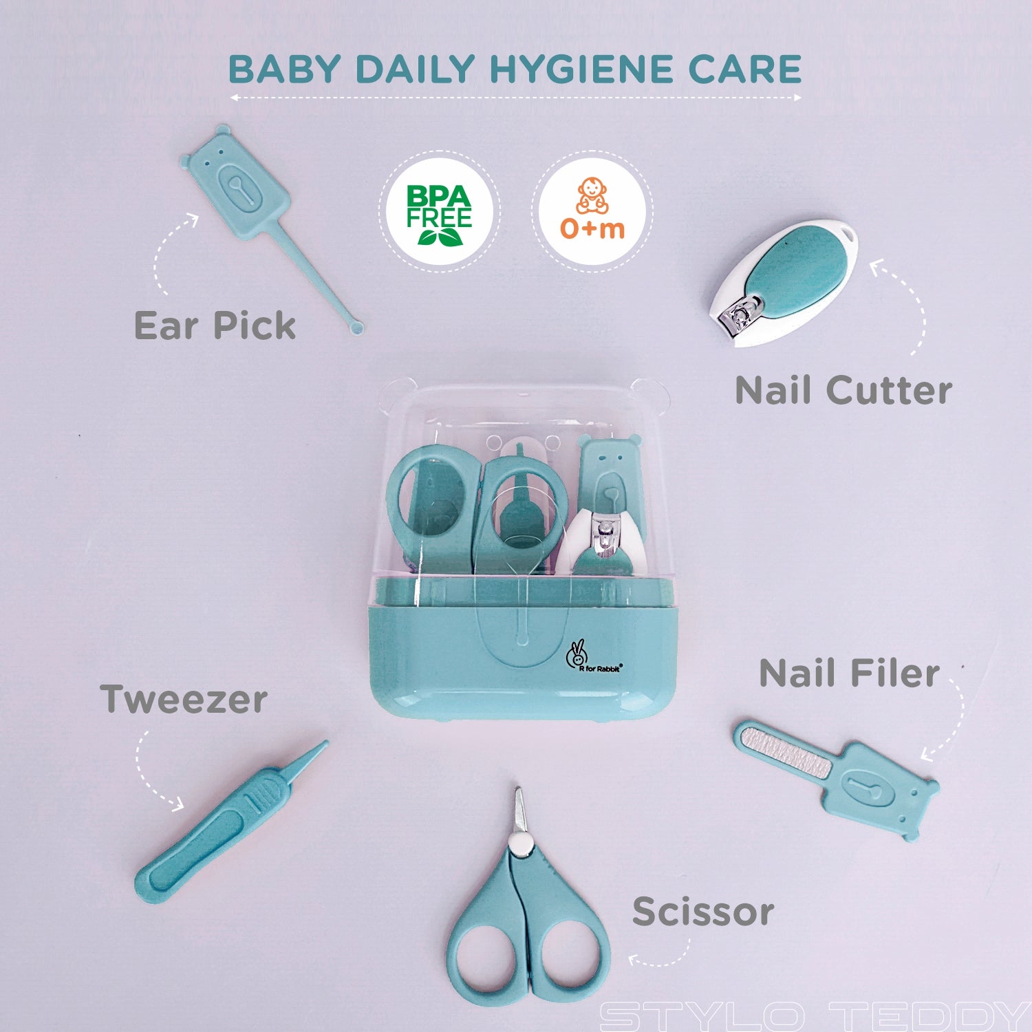 R for Rabbit Stylo Teddy Baby Grooming Kit with Nail Cutter, Scissor, Tweezer, Nail Filer & Ear Pick for Newborn Baby Hygiene Care - Blue