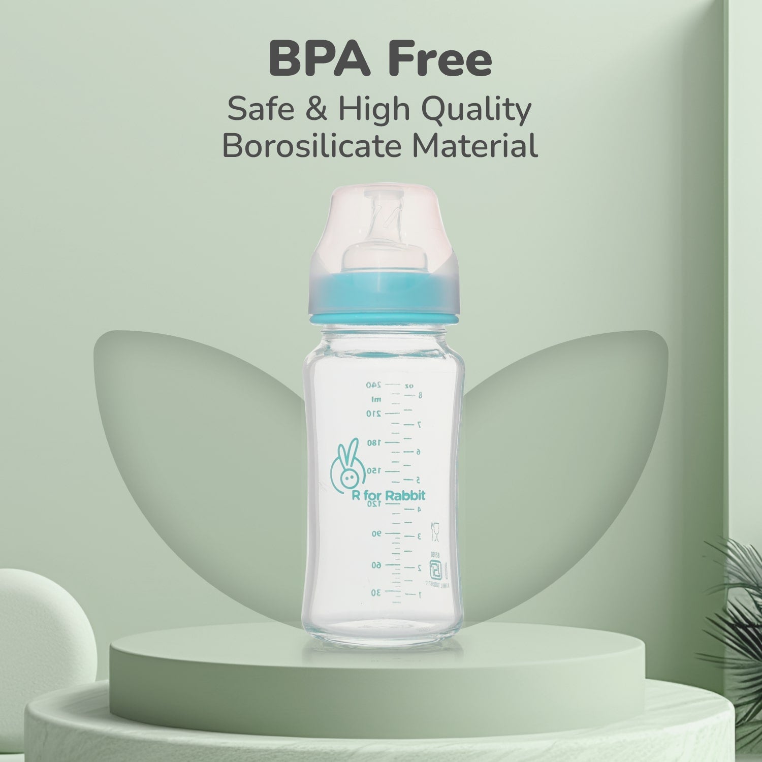 R for Rabbit First Feed BPA Free Glass Feeding Bottle with Anti Colic Wide Neck Design, Soft Silicone Teat & Medium Flow Nipple for Babies 6+ Months - 240 ml