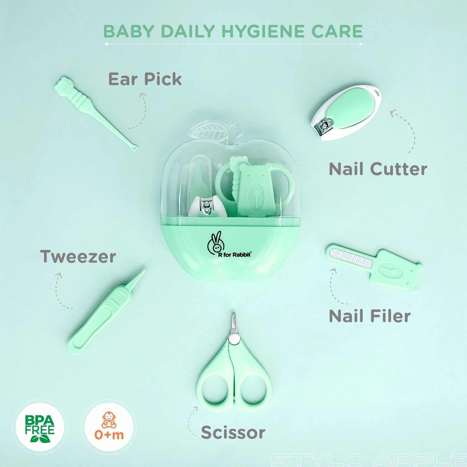 R for Rabbit Stylo Apple Baby Grooming Kit with Nail Cutter, Scissor, Tweezer, Nail Filer & Ear Pick for Newborn Baby Hygiene Care - Mint Green