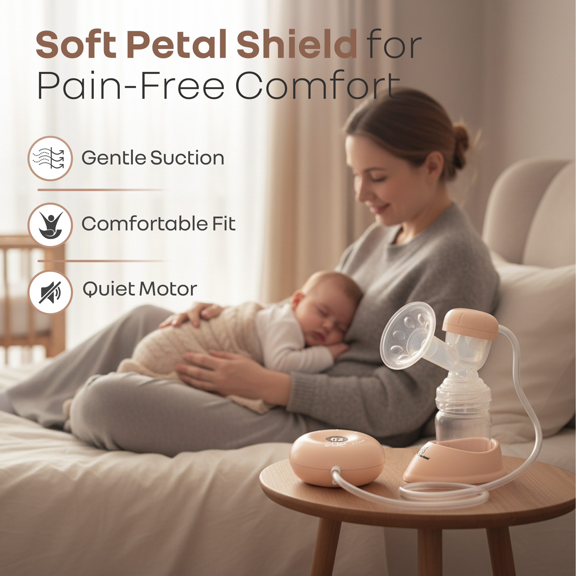 R for Rabbit Lactella Nova Electric Breast Pump with LED Display, Rechargeable Battery & Soft Petal Shield - Beige