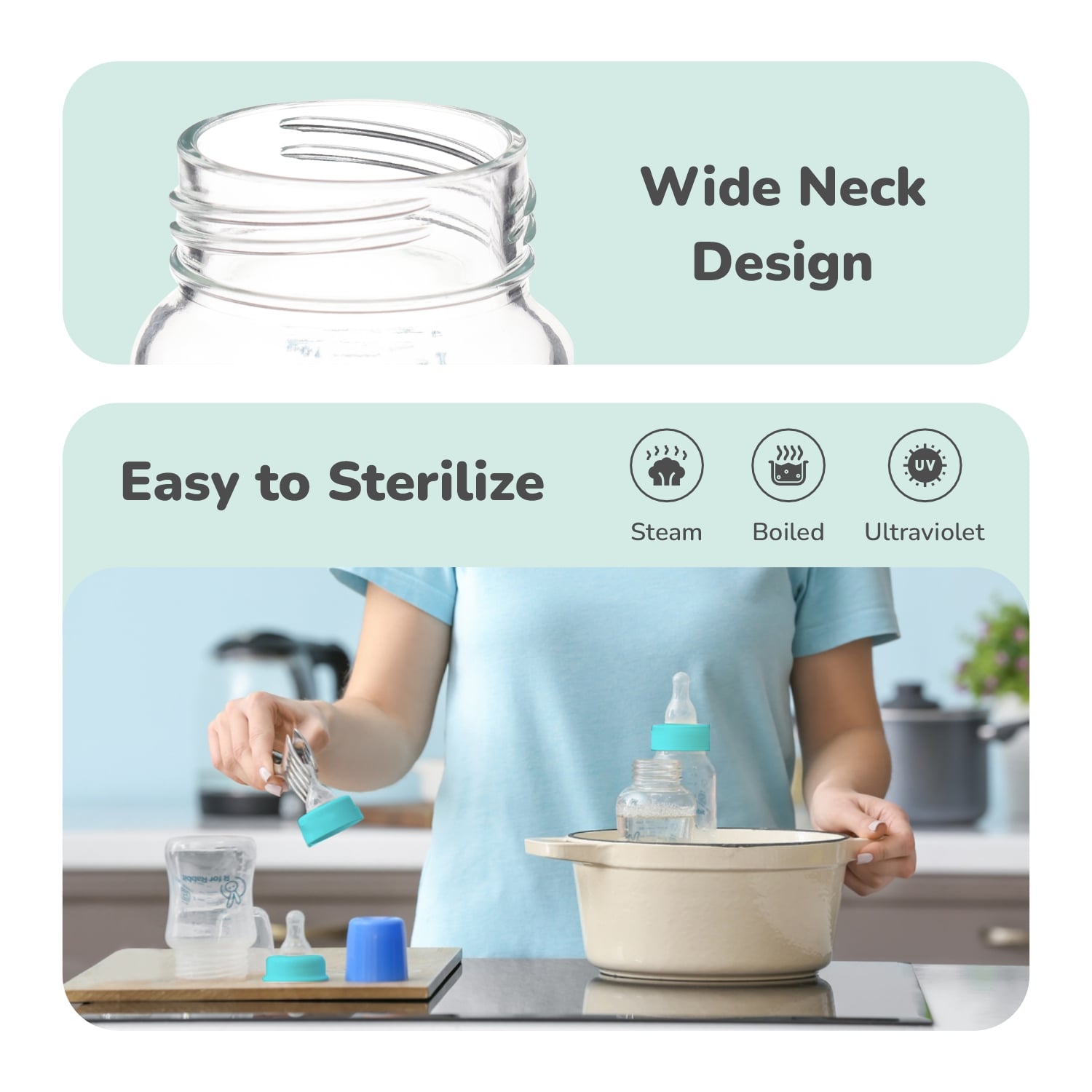 R for Rabbit First Feed BPA Free Glass Feeding Bottle with Anti Colic Wide Neck Design, Soft Silicone Teat & Medium Flow Nipple for Babies 6+ Months - 240 ml