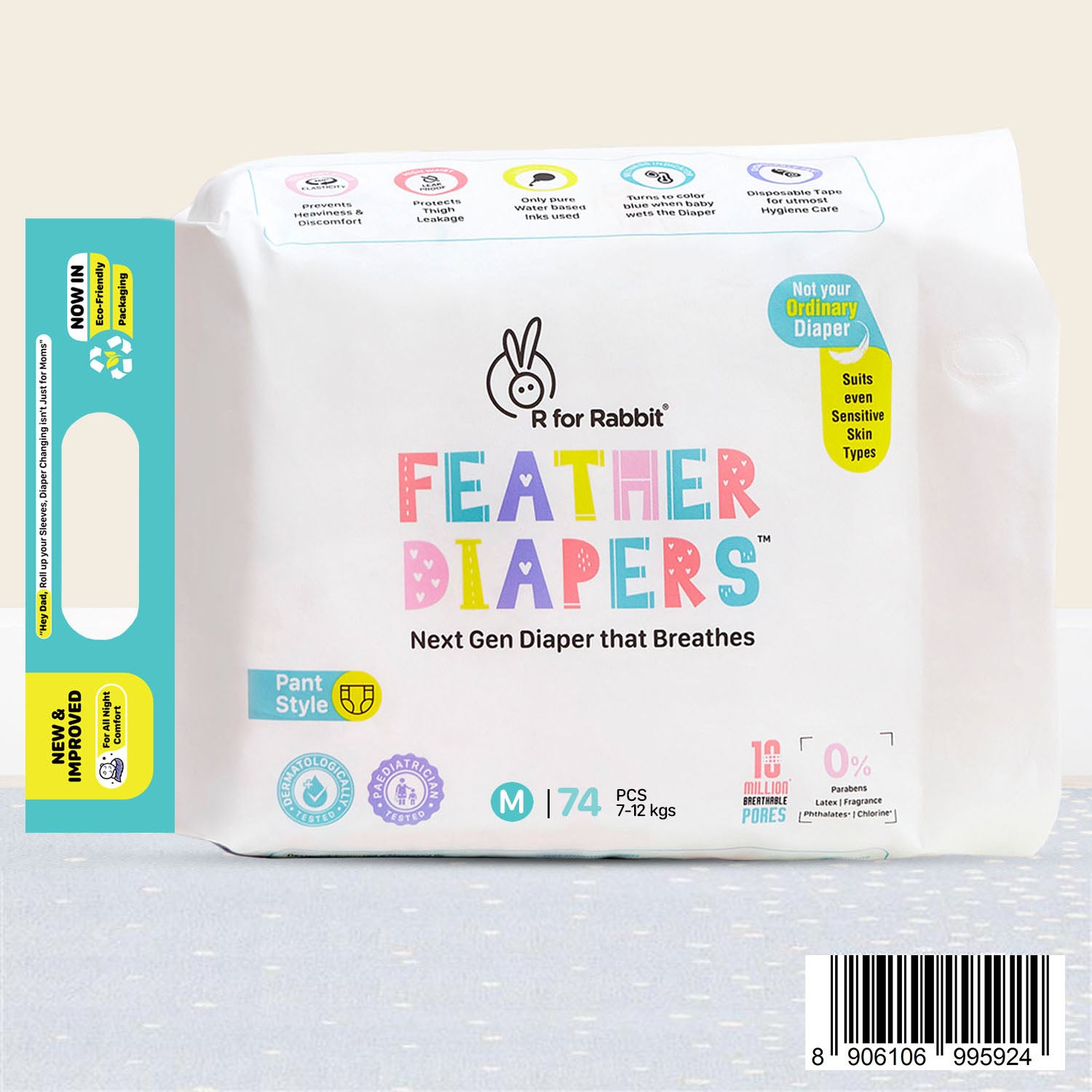 R for Rabbit Feather Diapers Pant Style Medium Size Baby Diapers with 12 Hours Absorption, Wetness Indicator & Flexible Yoga Fit - 74 Pieces
