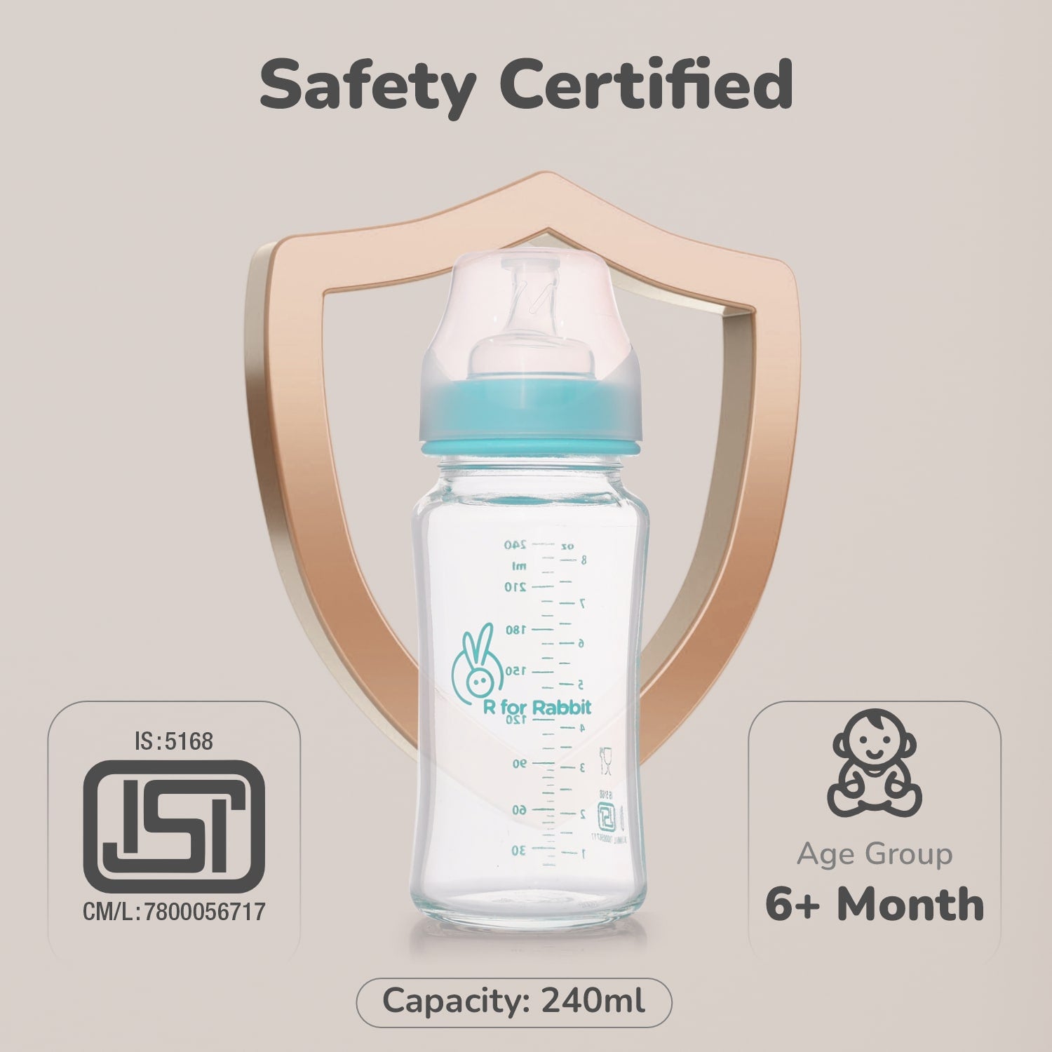 R for Rabbit First Feed BPA Free Glass Feeding Bottle with Anti Colic Wide Neck Design, Soft Silicone Teat & Medium Flow Nipple for Babies 6+ Months - 240 ml