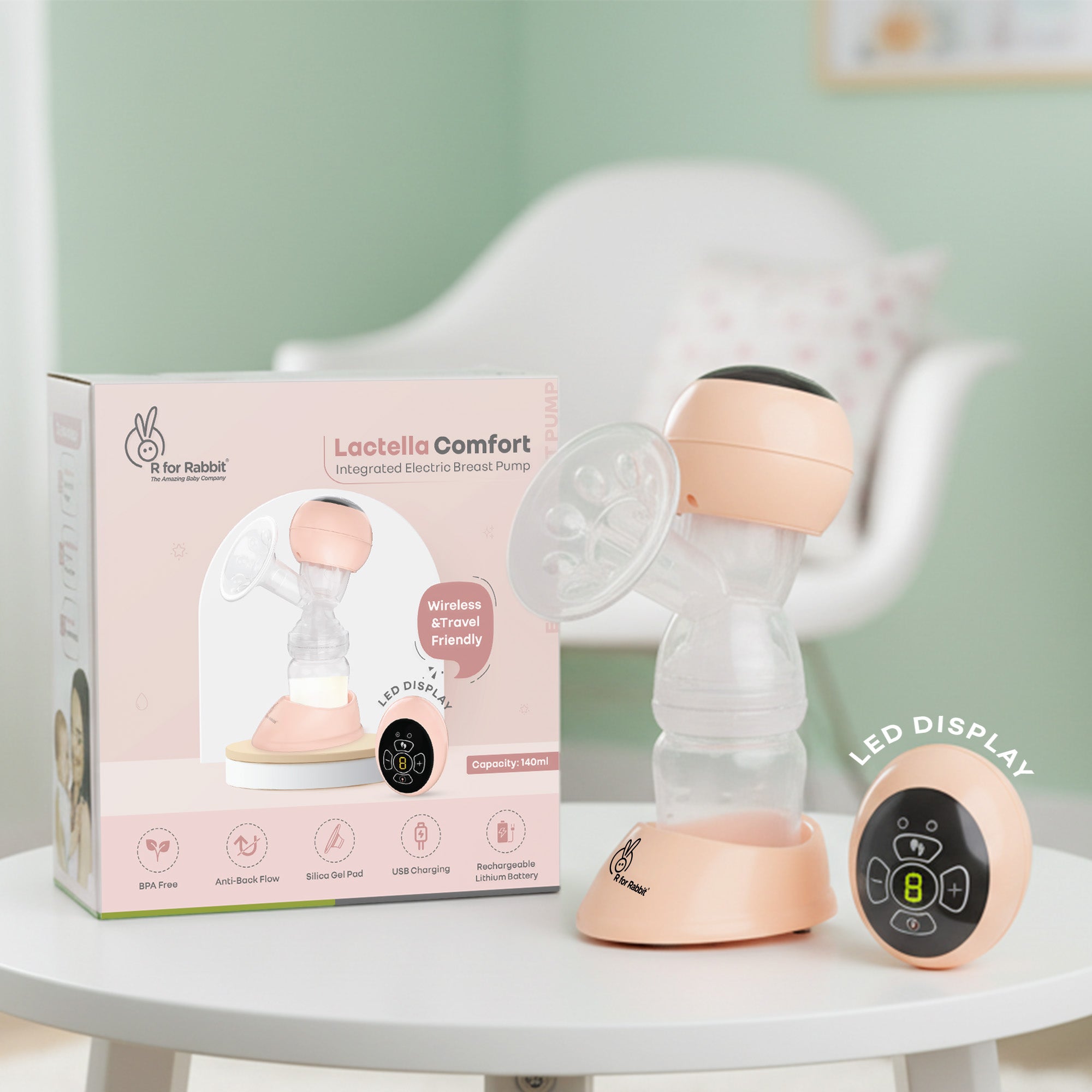 R for Rabbit Lactella Comfort Integrated Electric Breast Pump with LED Display & Rechargeable Battery - Beige