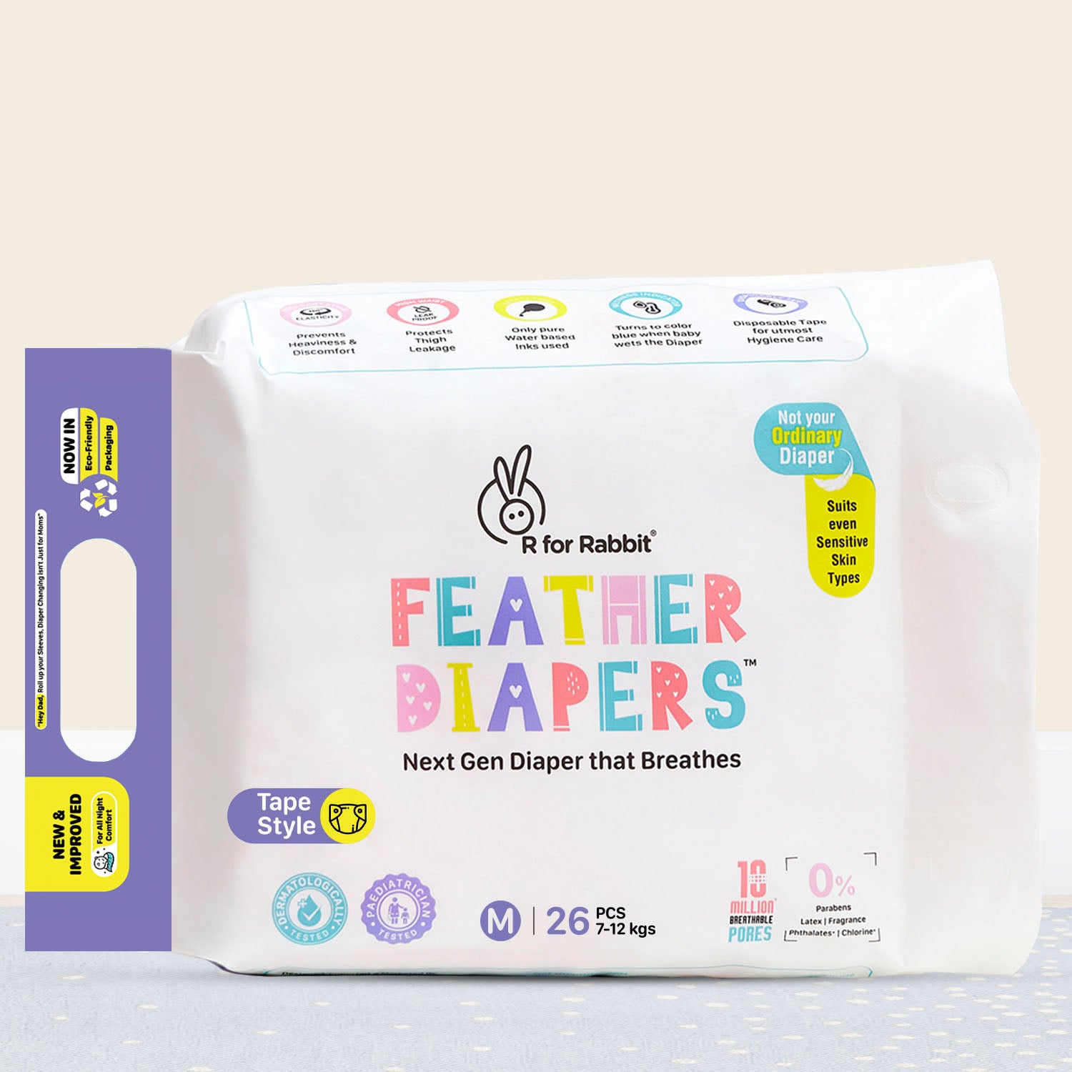 R for Rabbit Feather Diapers Tape Style Medium Size Baby Diapers with 12 Hours Absorption, Wetness Indicator & Chemical Free Protection - 26 Pieces