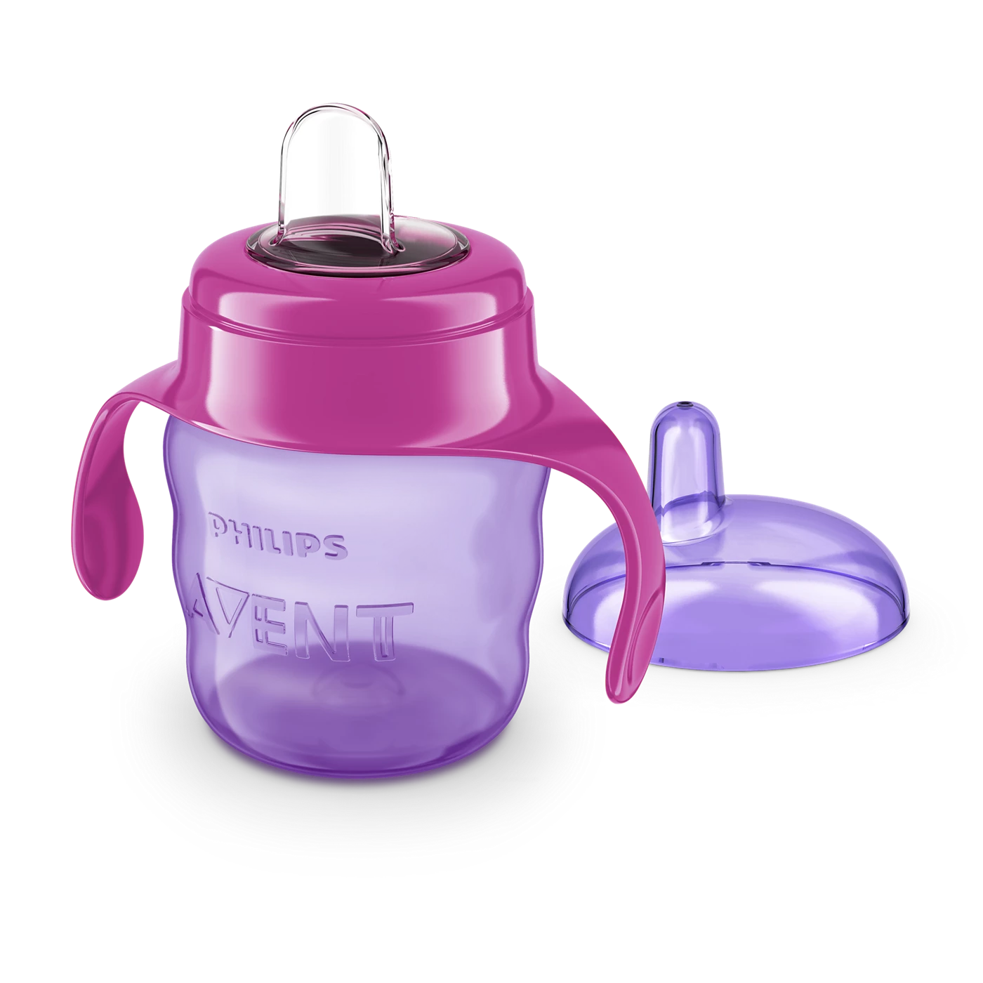 Avent Baby Trainer Sippy Cup with Soft Silicone Spout and Easy Grip Handles - Purple Pink